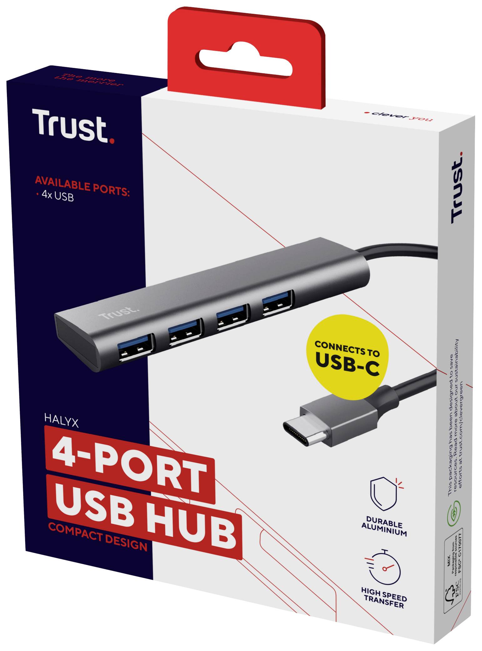 Verpackung eines USB-Hubs mit 4 Ports von Trust, verbunden durch ein USB-C-Kabel. Merkmale: kompaktes Design, langlebiges Aluminium, schnelle Datenübertragung.