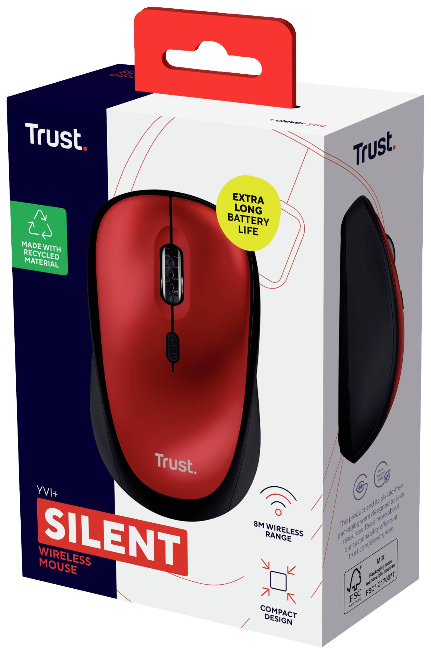 Trust Yvi+ - Maus - leise - Für Rechtshänder - optisch - 4 Tasten - kabellos - 2.4 GHz - kabelloser Empfänger (USB)