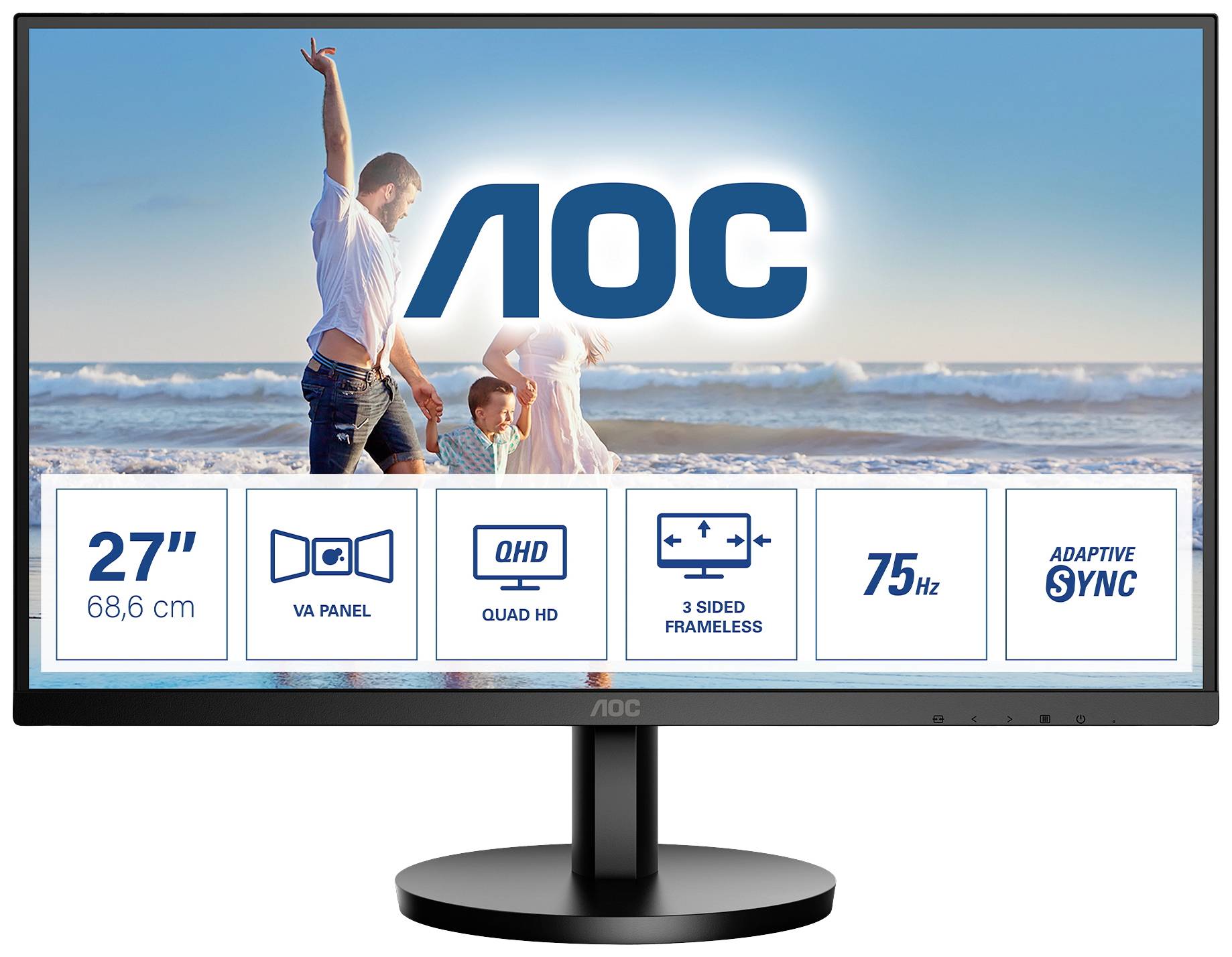 Ein Monitor zeigt ein Bild von einer Familie am Strand. Markenname 'AOC' sichtbar. Spezifikationen: 27 Zoll, VA Panel, QHD, 75 Hz, Adaptive Sync.