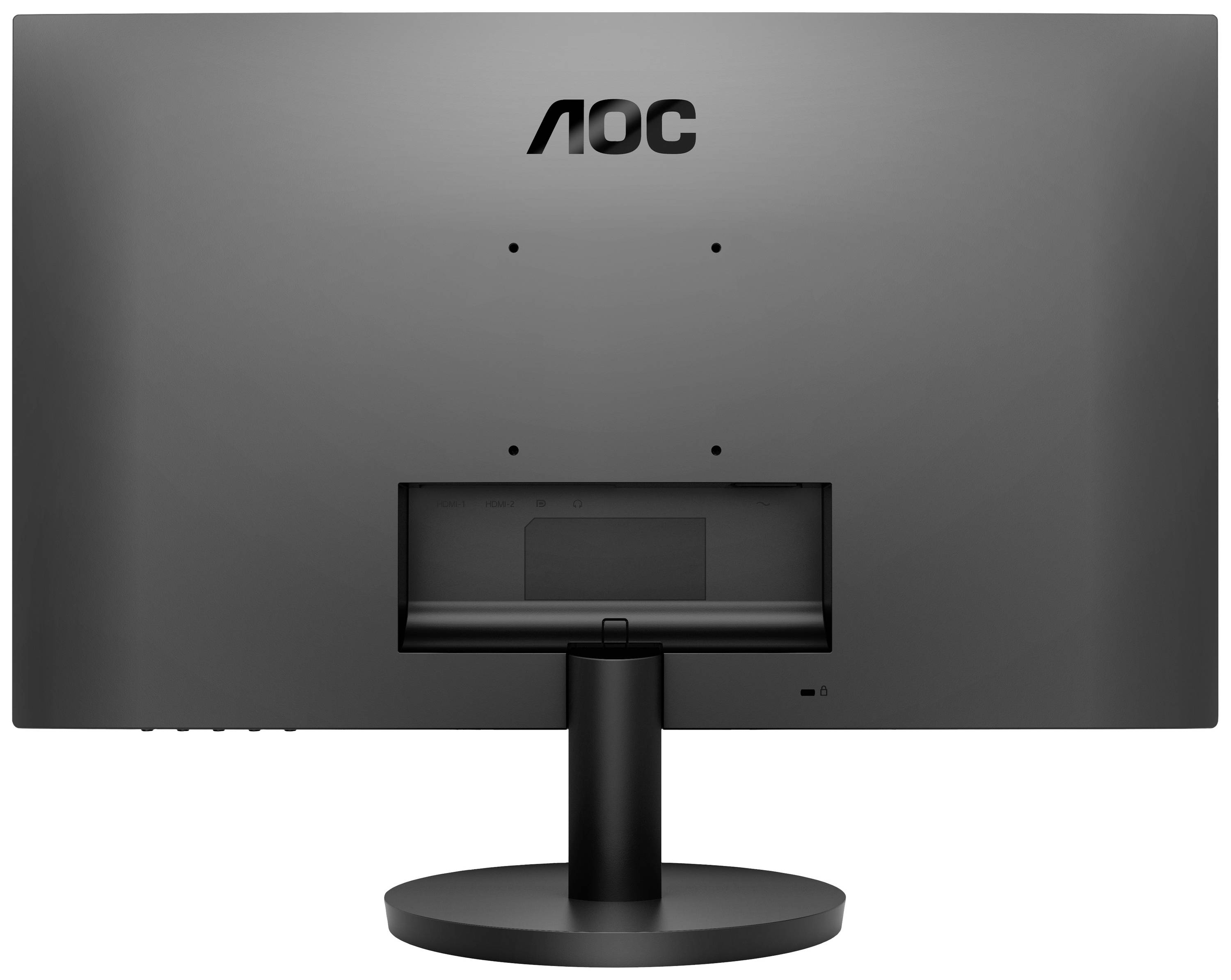 Ein schwarzer Monitor von hinten mit einem runden Standfuß und der Marke 'AOC' oben.