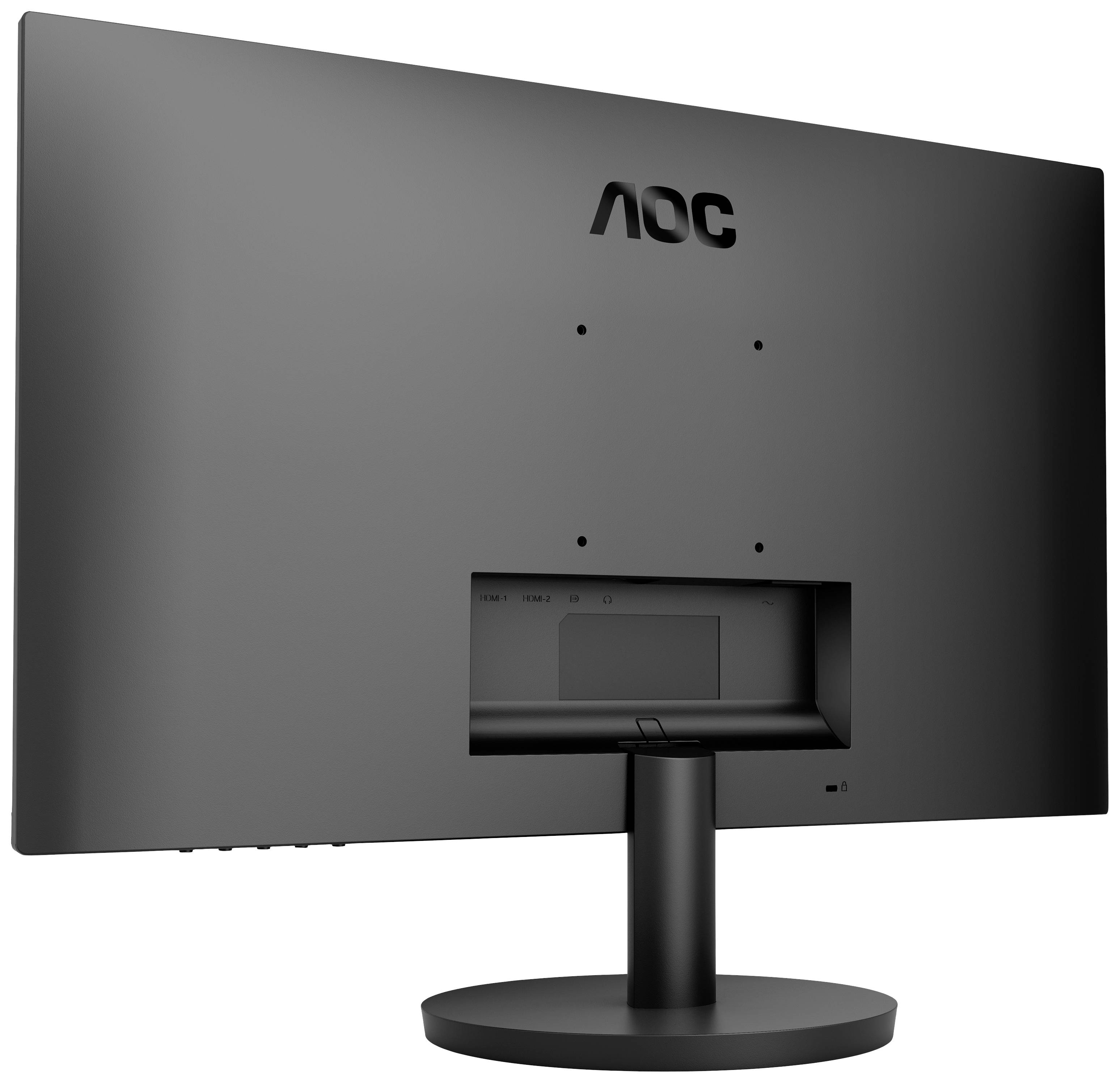Ein AOC-Monitor von hinten, zeigt das schlanke, schwarze Design und den runden Standfuß.