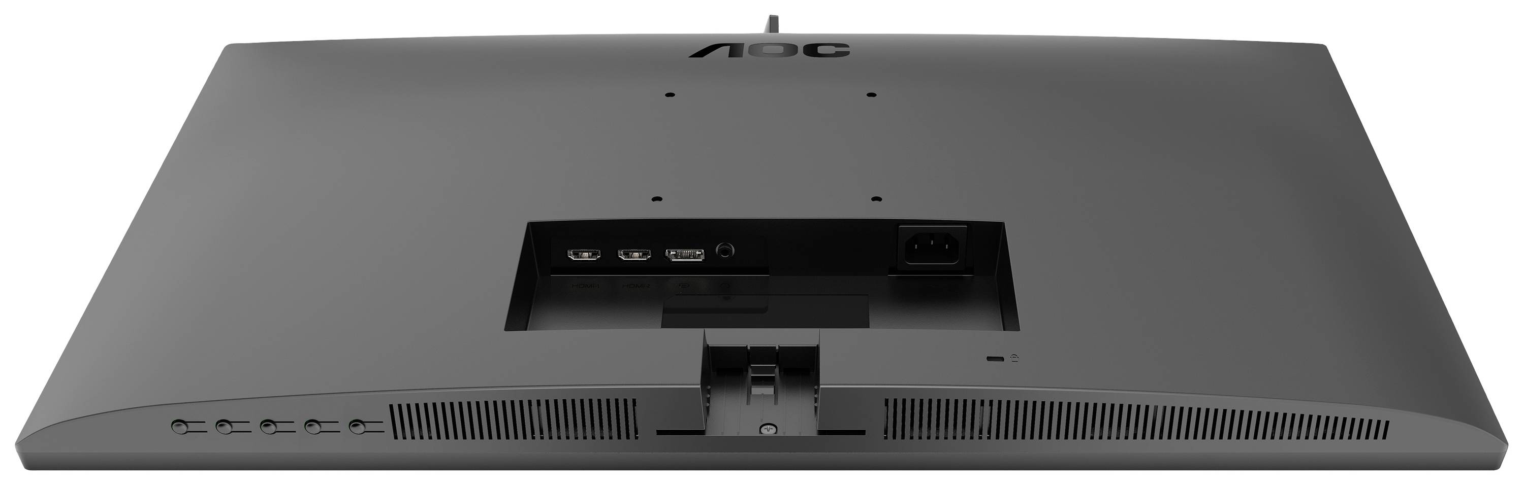 Rückansicht eines Computer-Monitors; zeigt Anschlüsse und Bedienknöpfe auf der unteren Rückseite des Geräts.