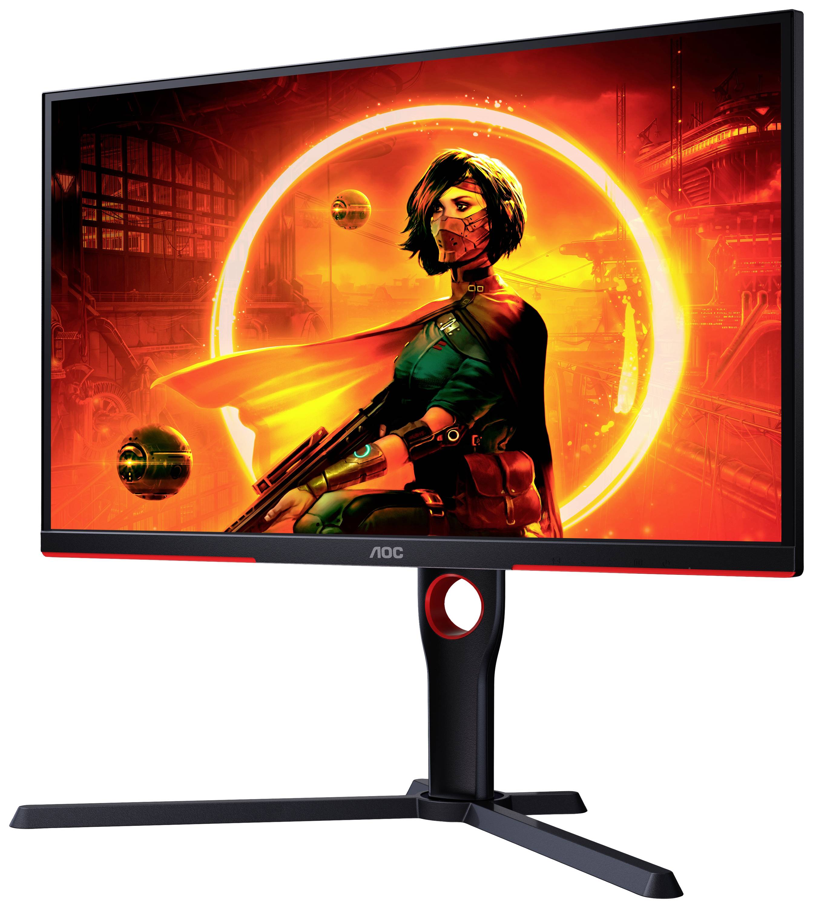 Monitor zeigt eine futuristische Frau in einem orange-roten Kreis, bewaffnet, in einer Sci-Fi-Umgebung. AOC-Markenlogo sichtbar.