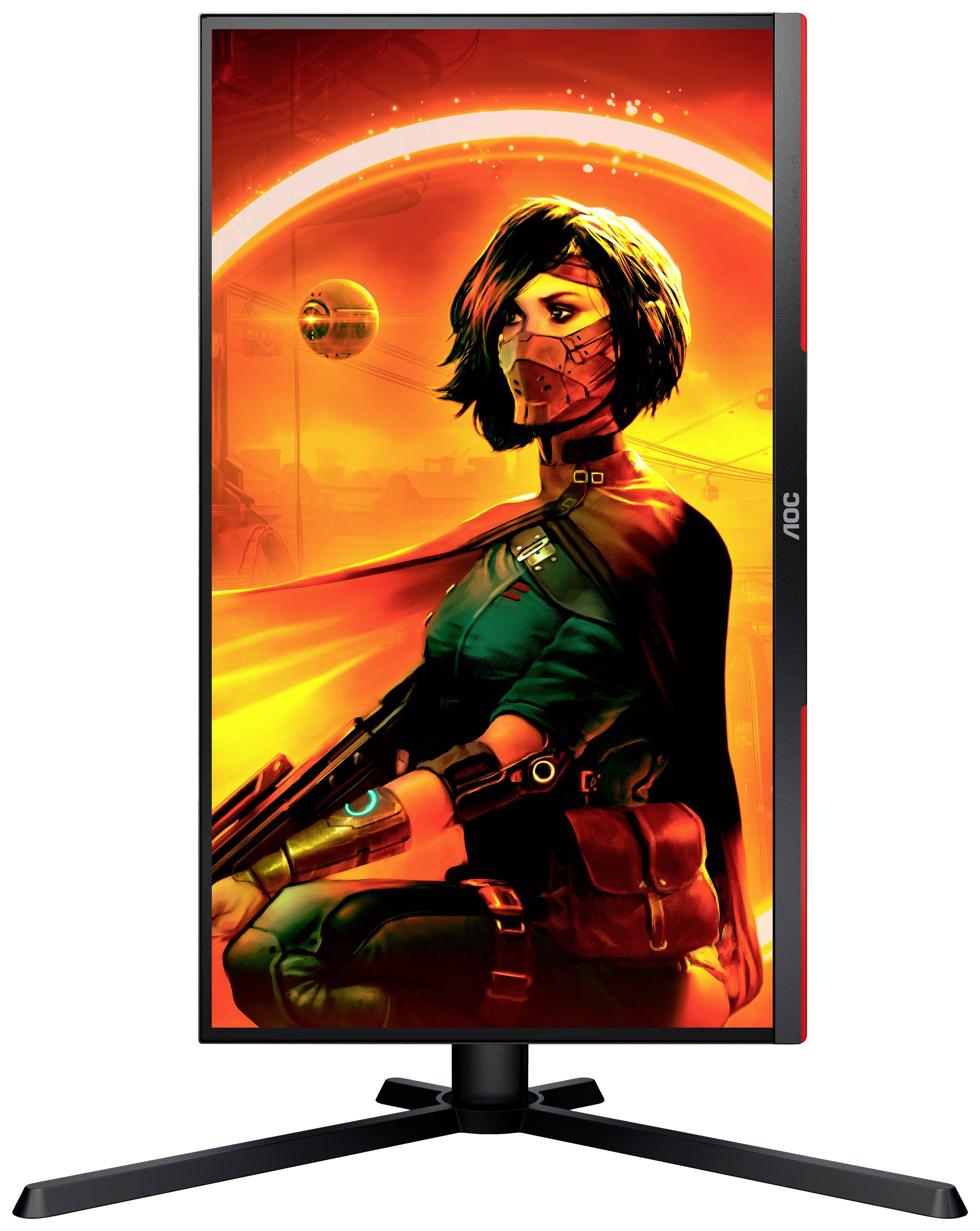 Ein vertikaler Gaming-Monitor zeigt ein Sci-Fi-Charakterbild in orange-roter Farbpalette, futuristisch und detailliert gestaltet.