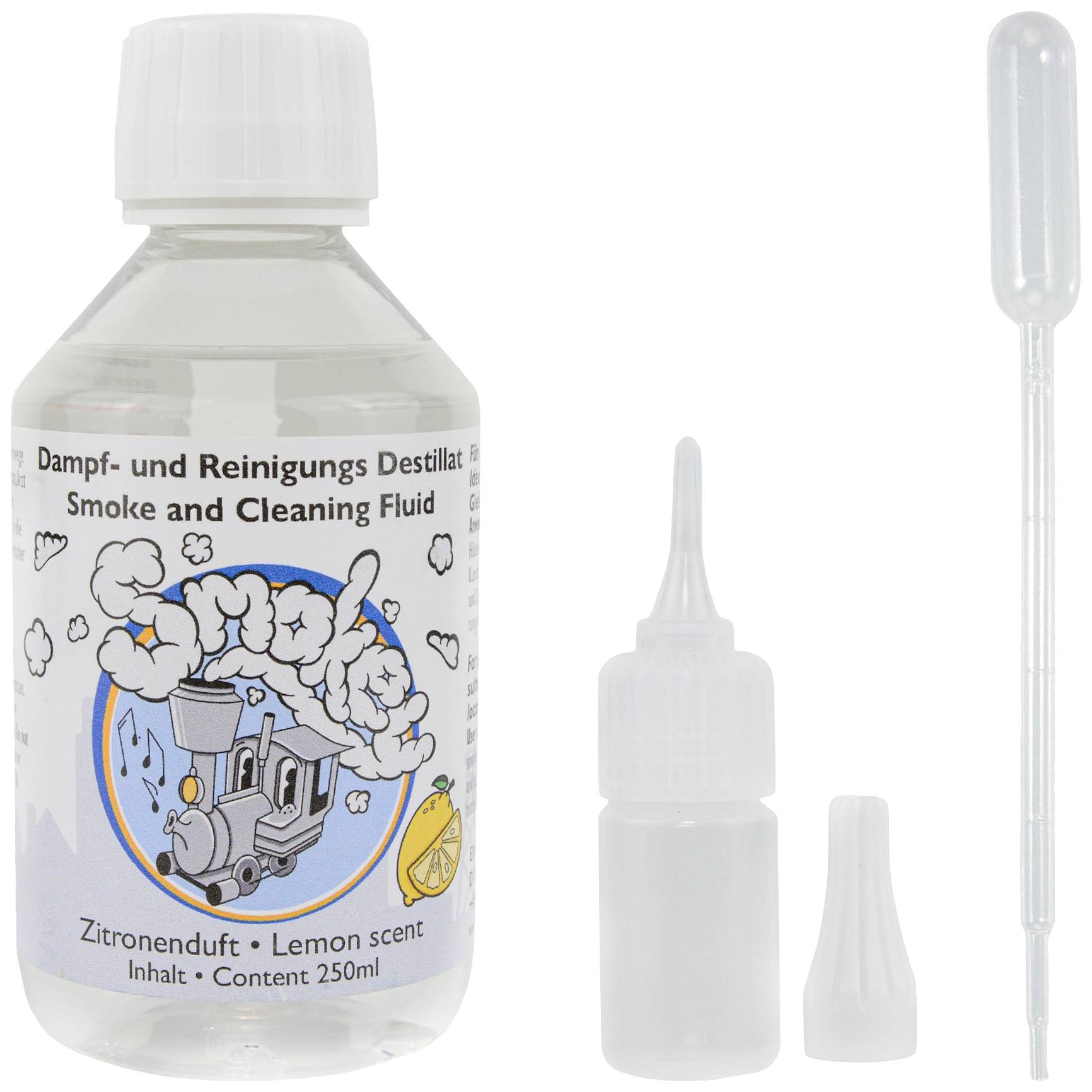 Flasche mit Dampf- und Reinigungsflüssigkeit, Zitronenduft, 250 ml. Enthält Pipette und Tropfvorrichtung.