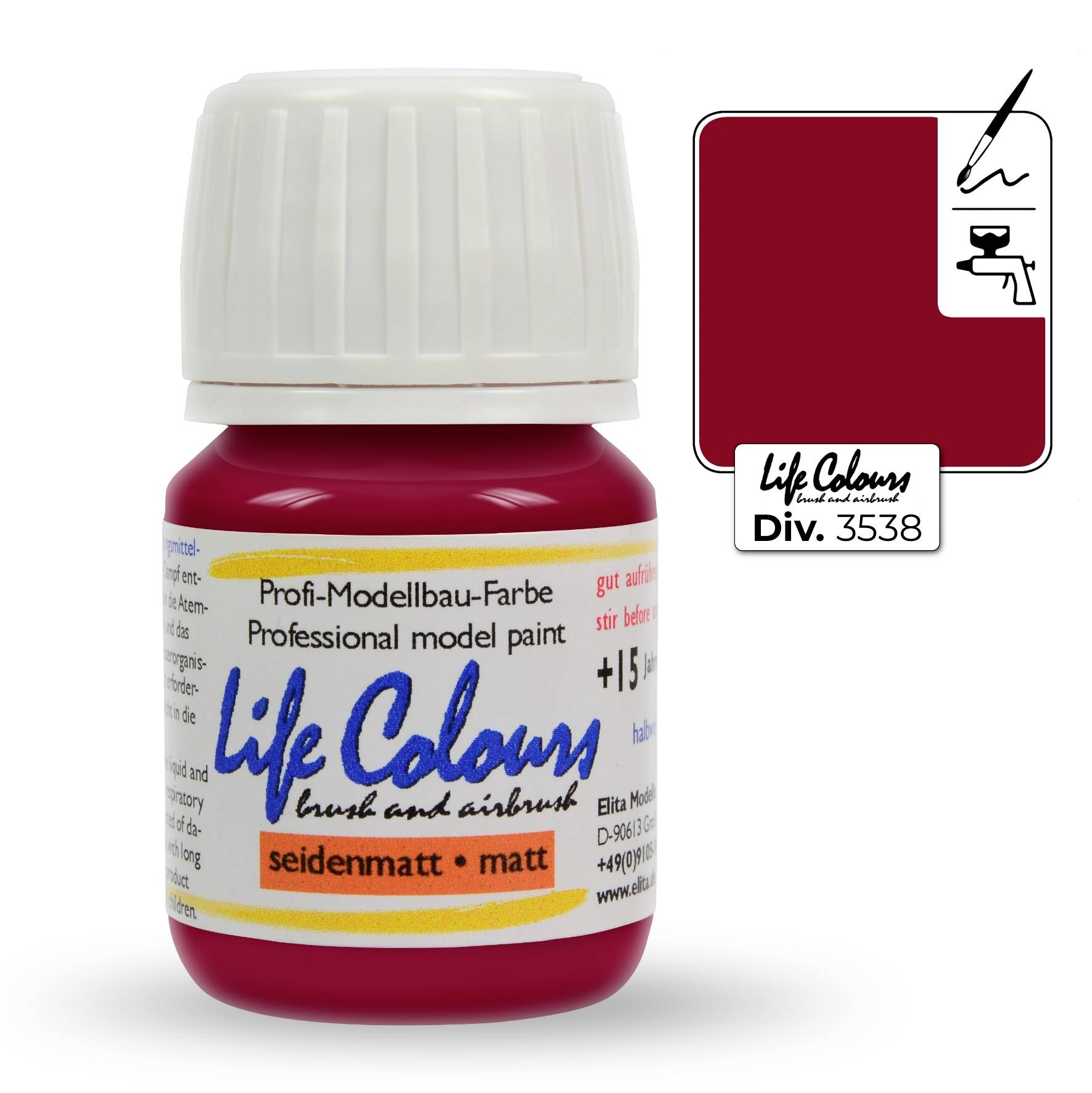 'Life Colour' Modellbaufarbe in weinrot, seidenmatt. Hauptsächlich für Pinsel- und Airbrush-Techniken geeignet.