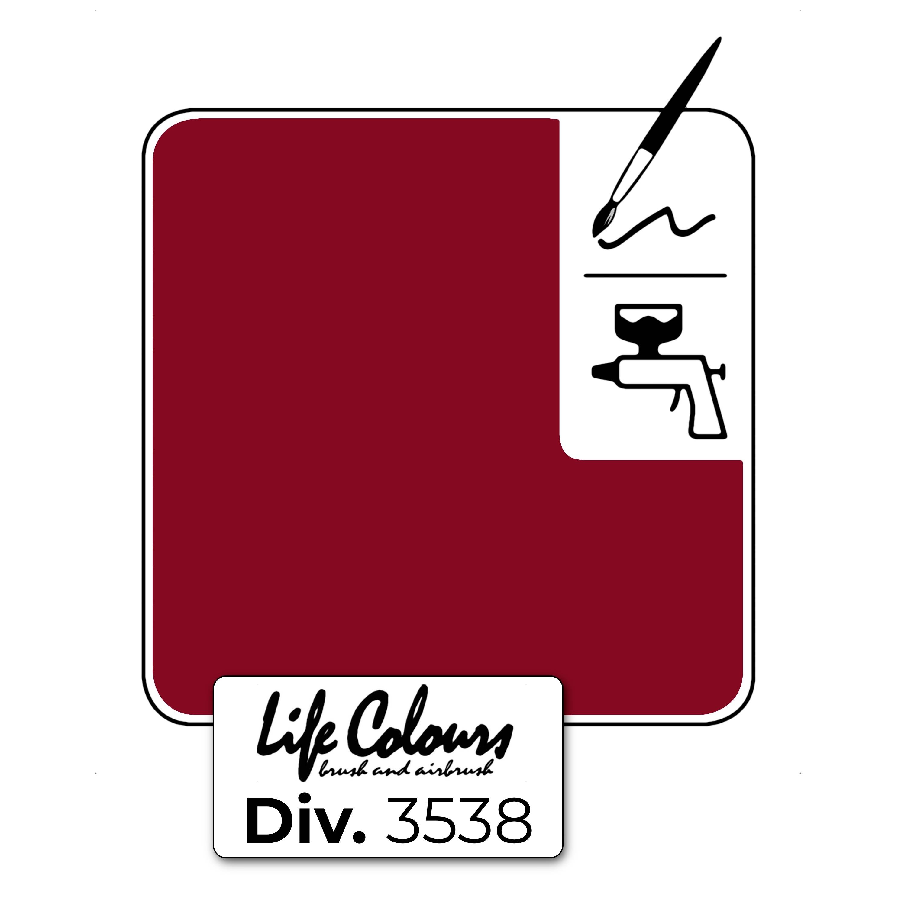 Eine rote Farbprobe mit einem Pinsel und einer Spritzpistole, Beschriftung unten: Life Colours Div. 3538.