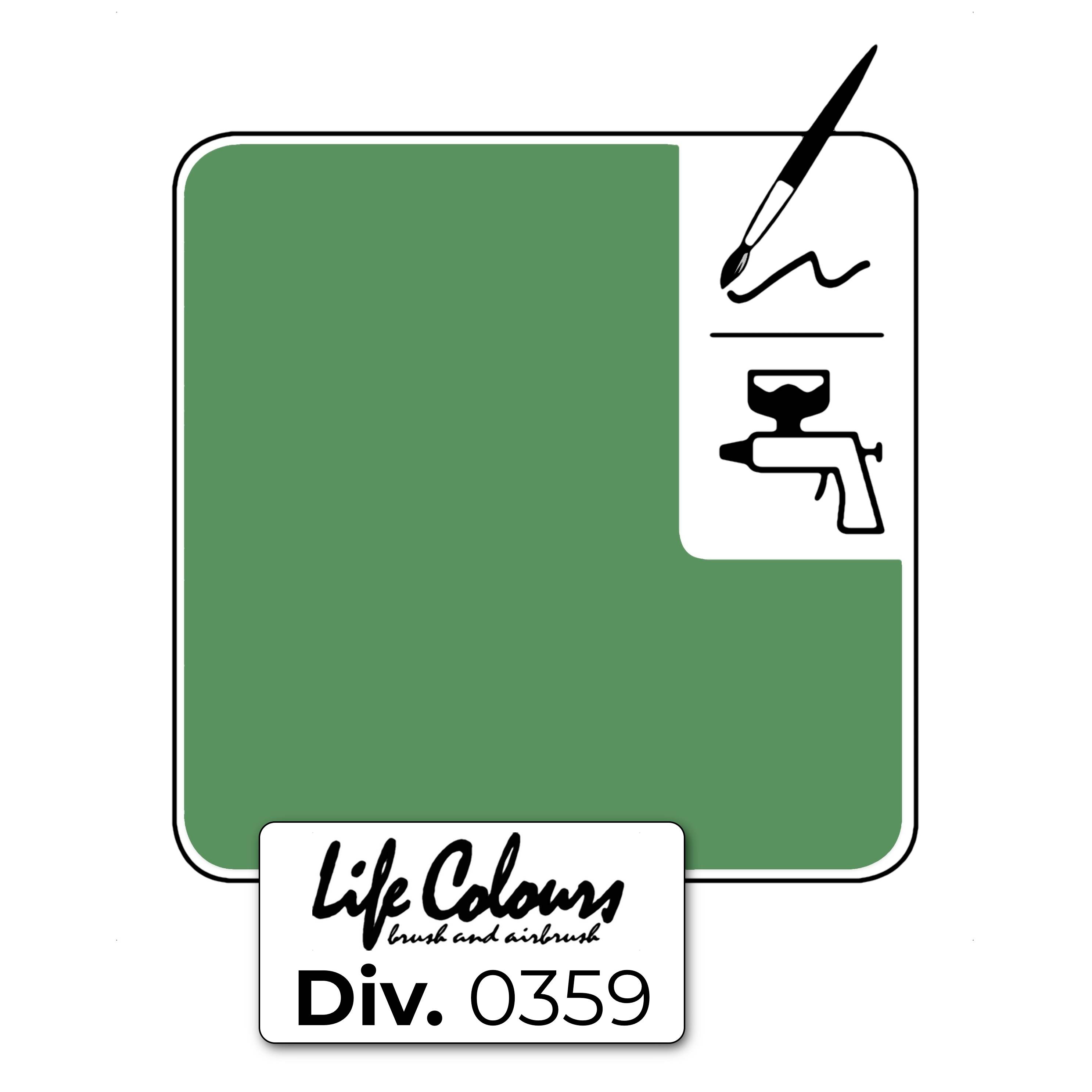 'Life Colours' Logo mit Pinsel und Sprühpistole über grünem Hintergrund, darunter die Nummer 'Div. 0359'.