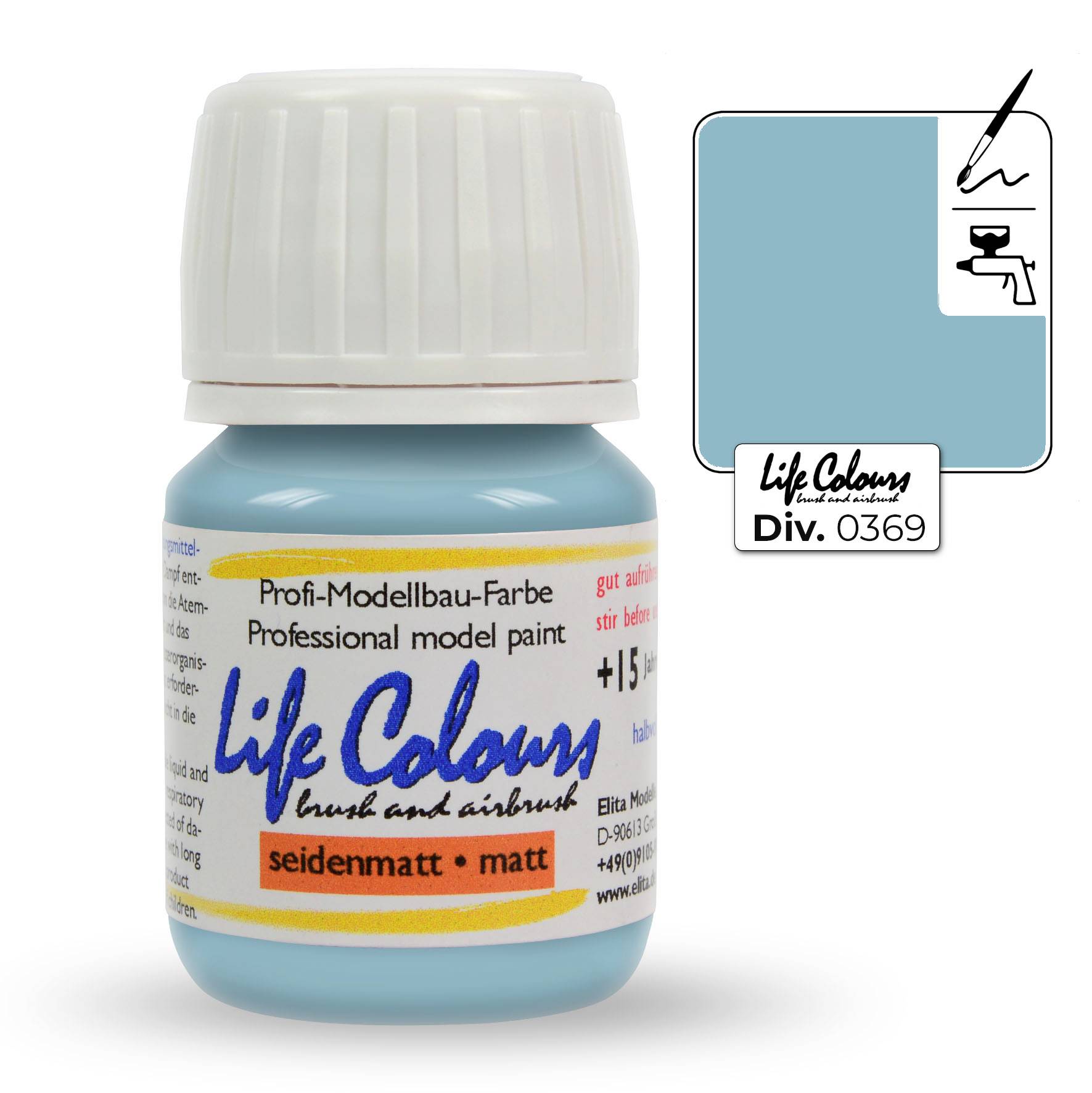 Eine Flasche Modellbau-Farbe, seidenmatt in Blau, mit der Aufschrift 'Life Colours'. Links daneben ein Farbmuster. Markenname gut sichtbar.
