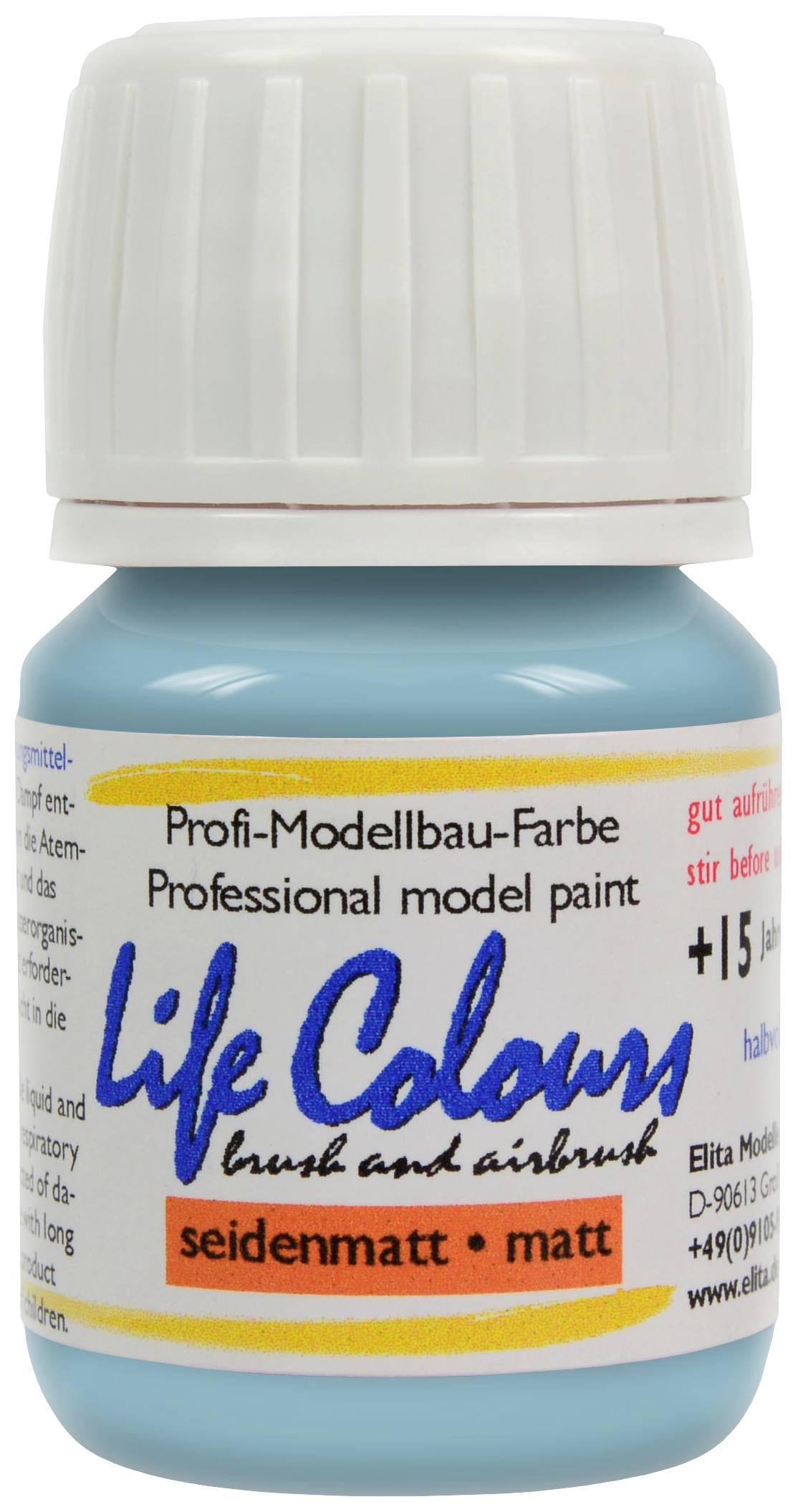 Flasche mit blauer Modellbau-Farbe 'Life Colours', seidenmatt. Enthält Gebrauchsanweisung auf Englisch und Deutsch.