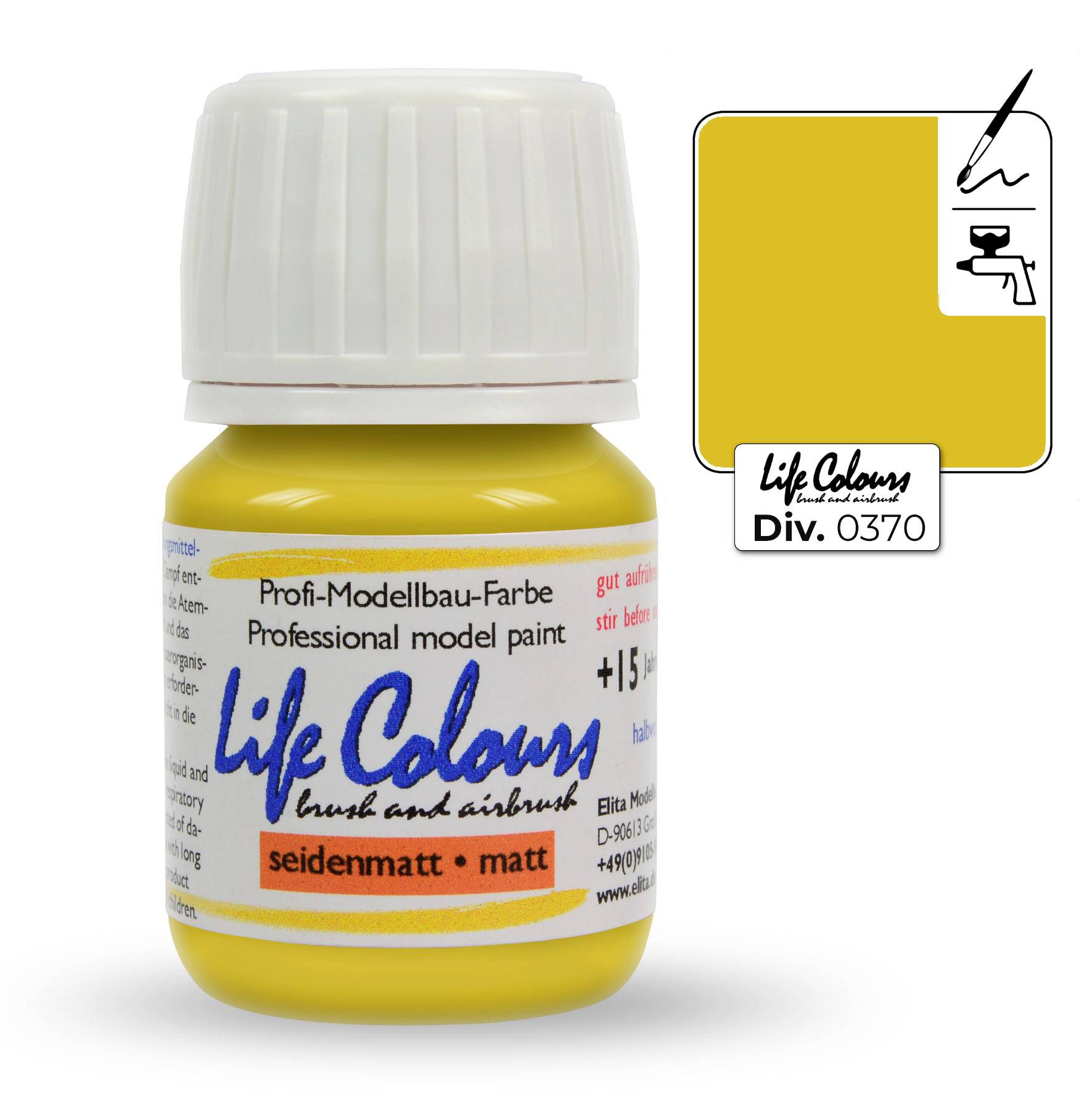 Ein Glas mit gelber Modellbaufarbe 'Life Colours' für Pinsel und Airbrush, seidenmatt, Artikelnummer Div. 0370.
