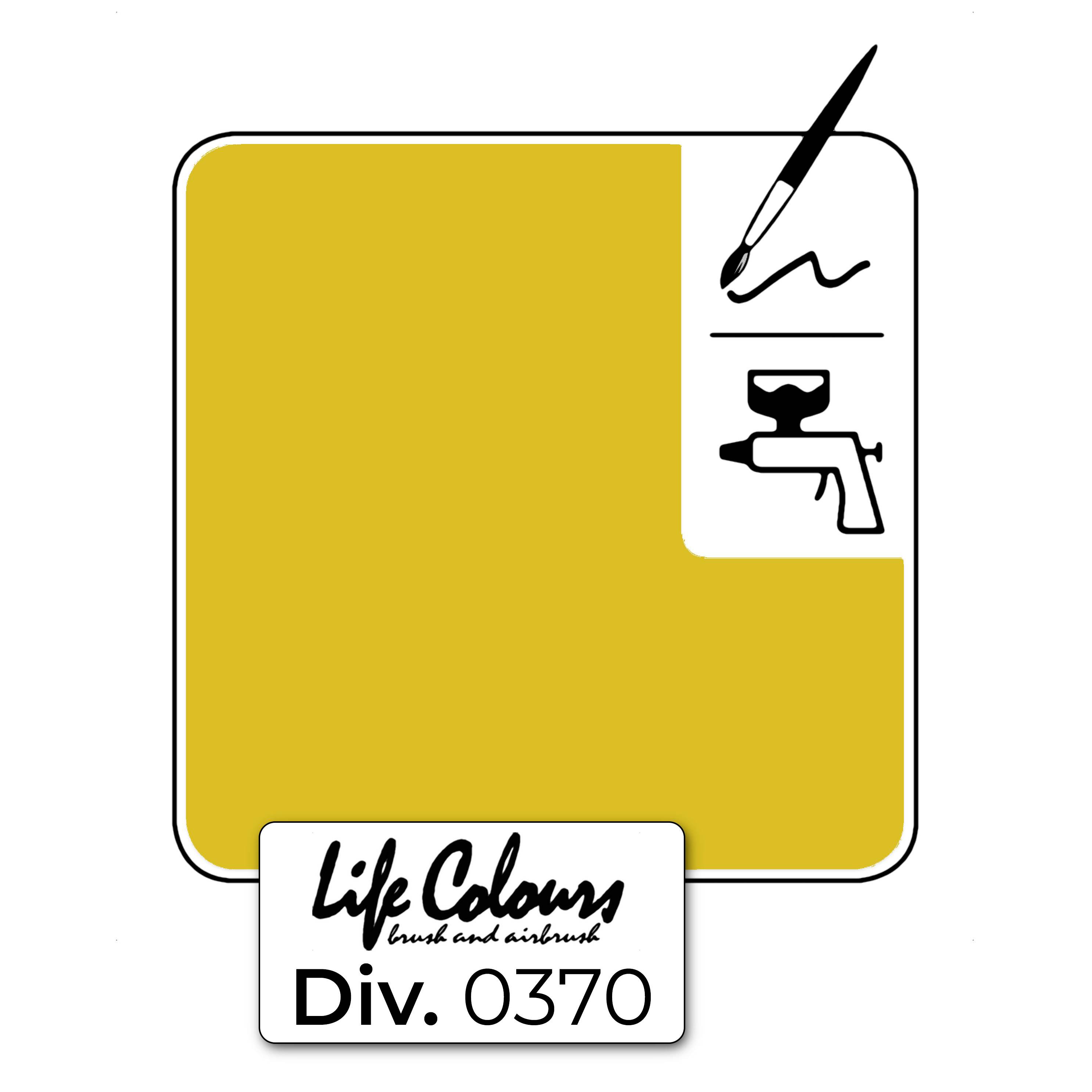 Gelbes Rechteck mit Symbolen für Pinsel und Sprühpistole. Unten steht 'Life Colours' und 'Div. 0370'.