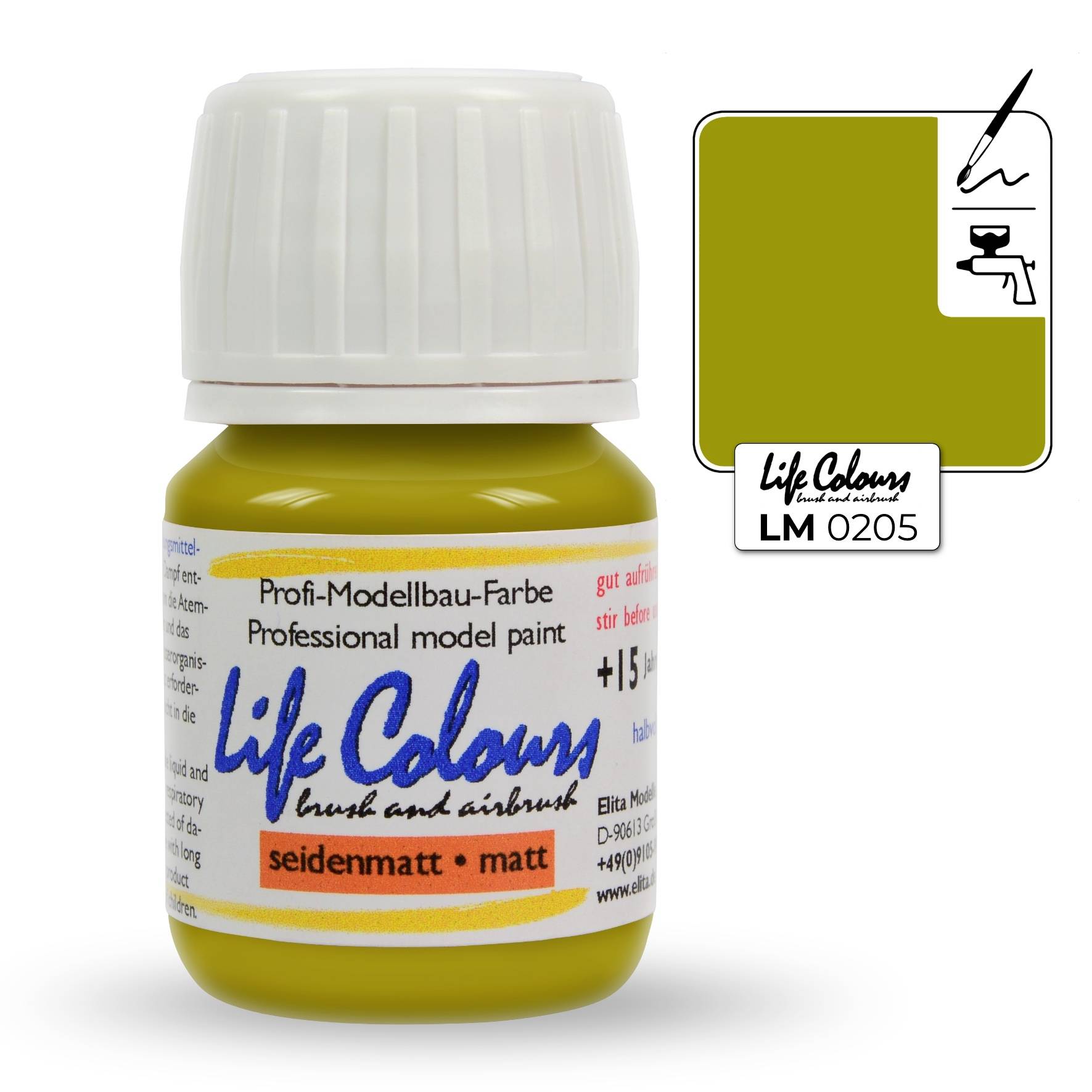 'Life Colours' Modellbau-Farbe in Olivengelb, seidenmatt, 15 ml Flasche. Farbe ist wasserlöslich, gut verwendbar für Pinsel und Airbrush.