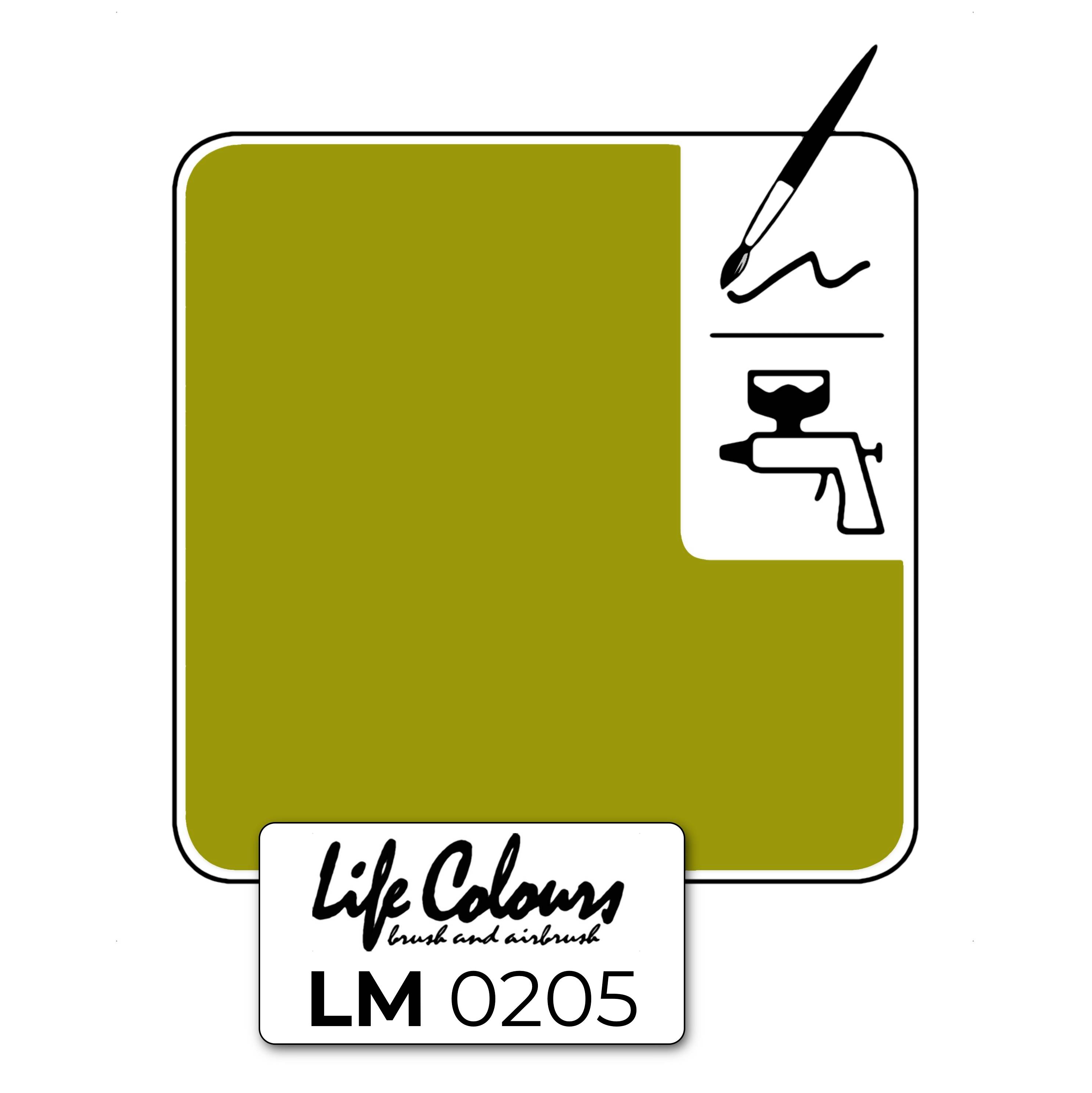 Logo für den Farbton 'Life Colours' mit der Nummer LM 0205 in Olivgrün, enthält eine Farbpistole und einen Pinsel als Symbole.