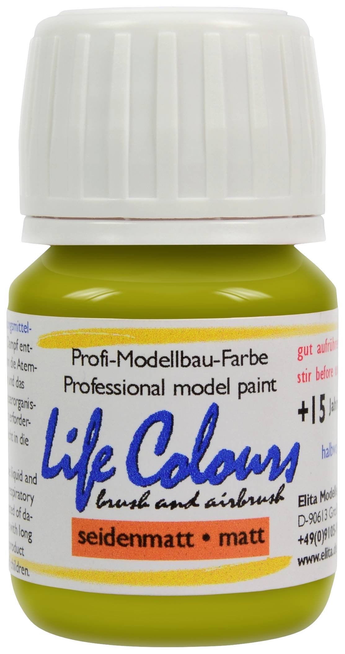 Grüne Flasche Modellbau-Farbe 'Life Colours', seidenmatt. Beschriftet als professionelle Modellbau-Farbe für Airbrush.