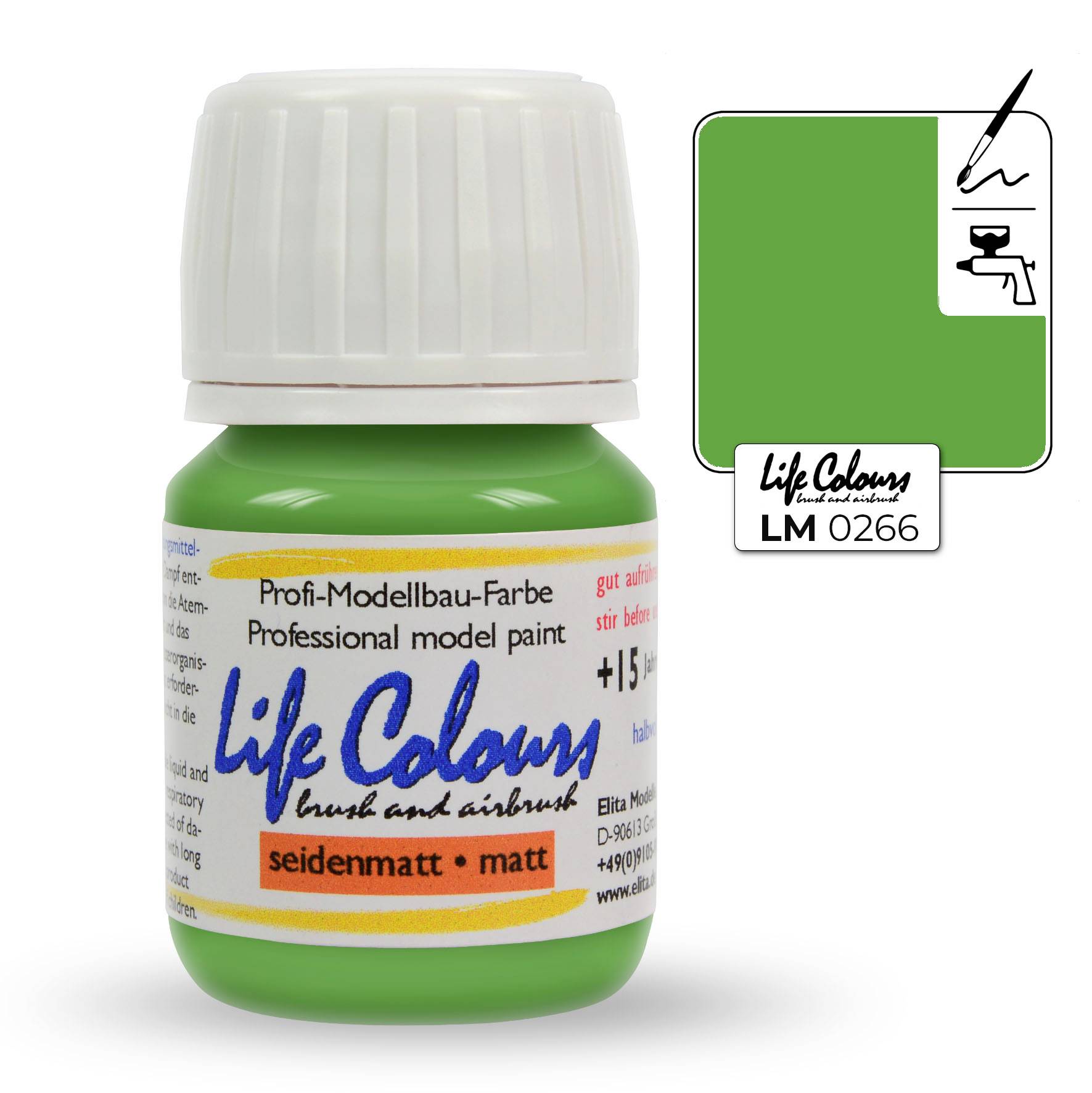Grüne Modellbaufarbe 'Life Colours' in einer Flasche, seidenmatt, für Pinsel und Airbrush geeignet.