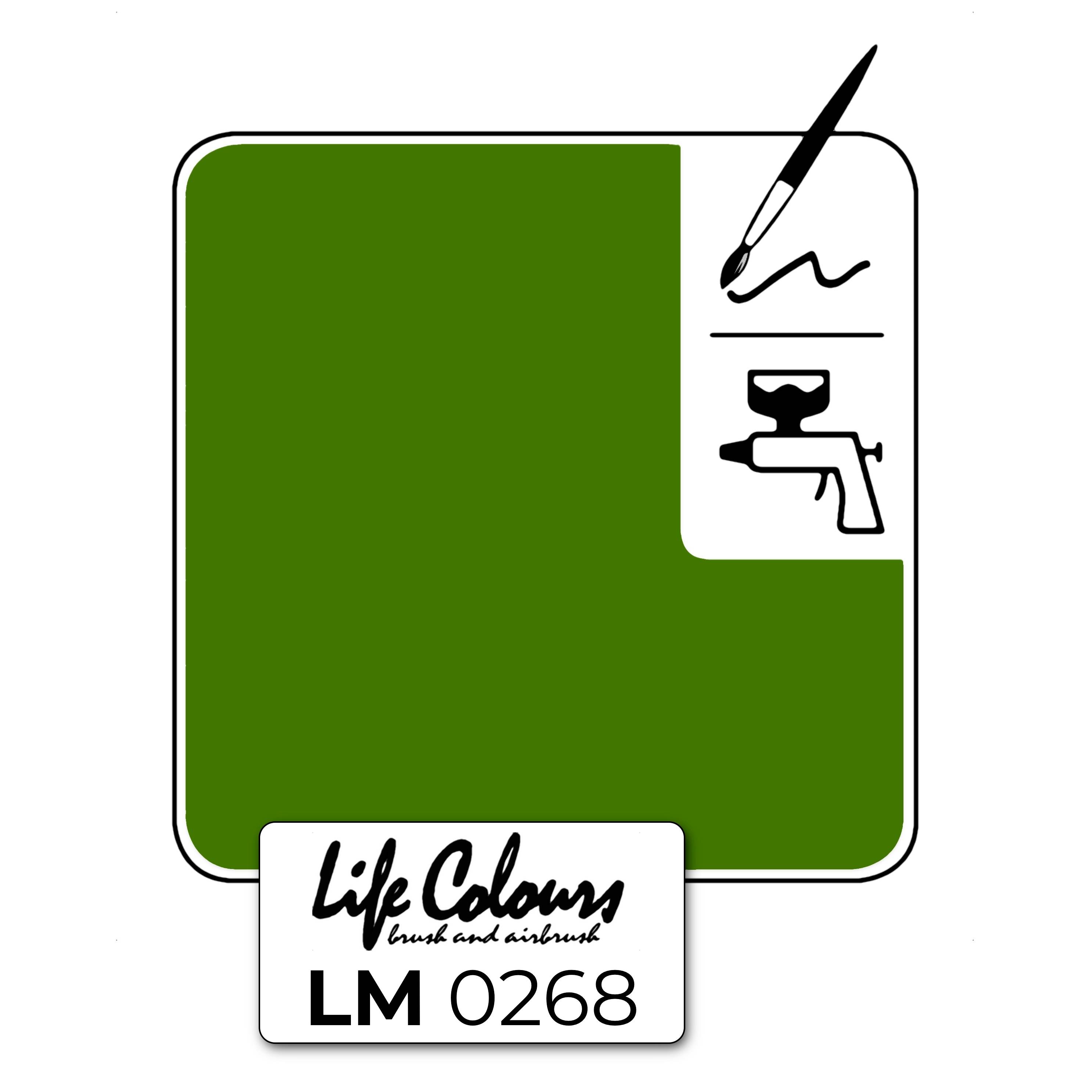 Grünes Quadrat mit Stift, Pinsel und Farbsprühgerät-Symbolen. Unten Text 'Life Colours, LM 0268'.