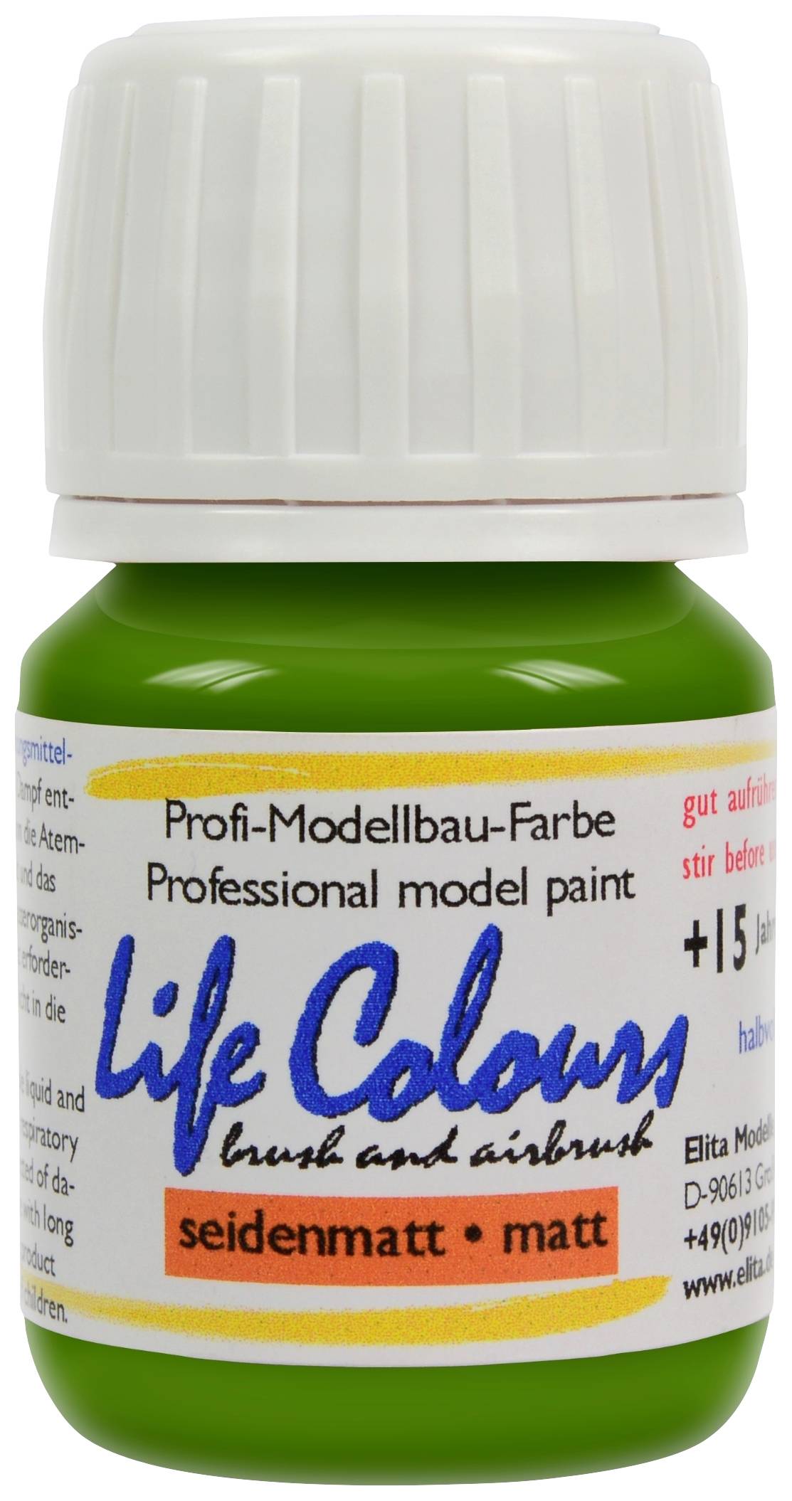 Eine grüne Flasche mit der Aufschrift 'Life Colours', Modellbau-Farbe für Pinsel und Airbrush, seidenmatt, geeignet für über 15 Jahre.