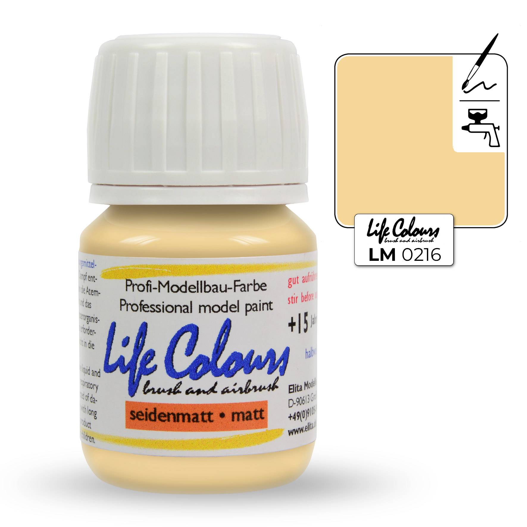 Flasche mit Modellbaufarbe 'Life Colours', seidenmatt, Farbe: helles Beige, Artikelnummer LM 0216, geeignet für Pinsel und Airbrush.