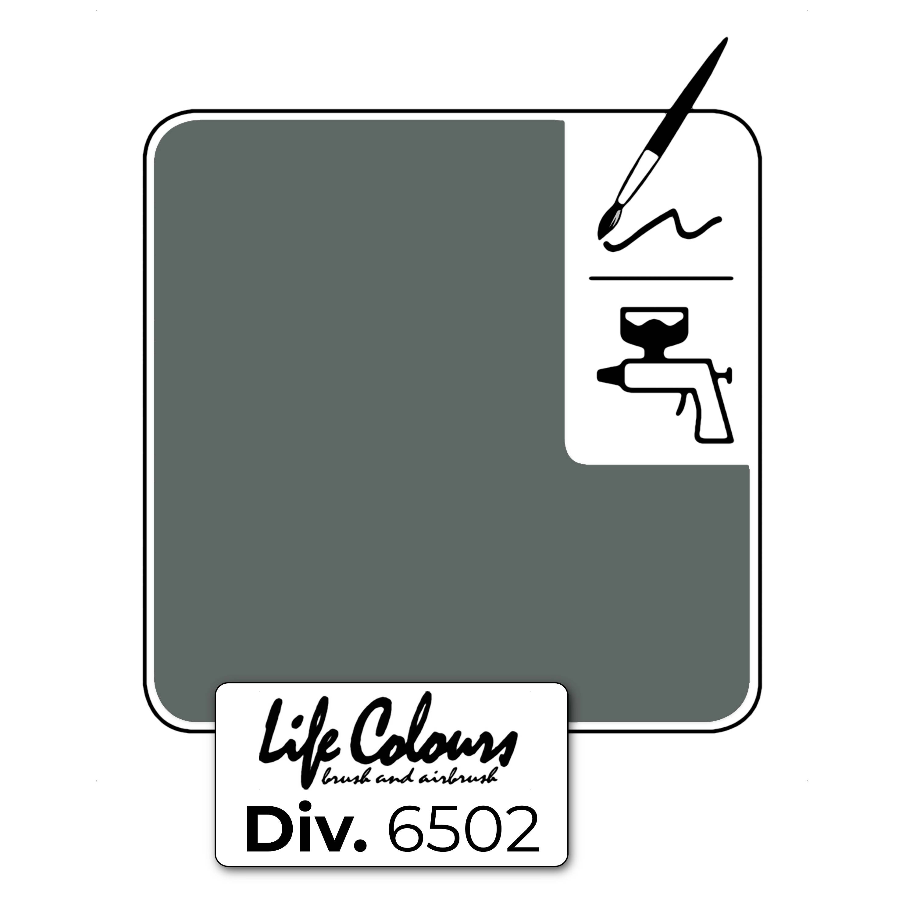Ein quadratisches Farbmuster in Dunkelgrün mit Malerpinsel- und Spritzpistolensymbolen auf weißem Hintergrund. Text: 'Life Colours Div. 6502'.