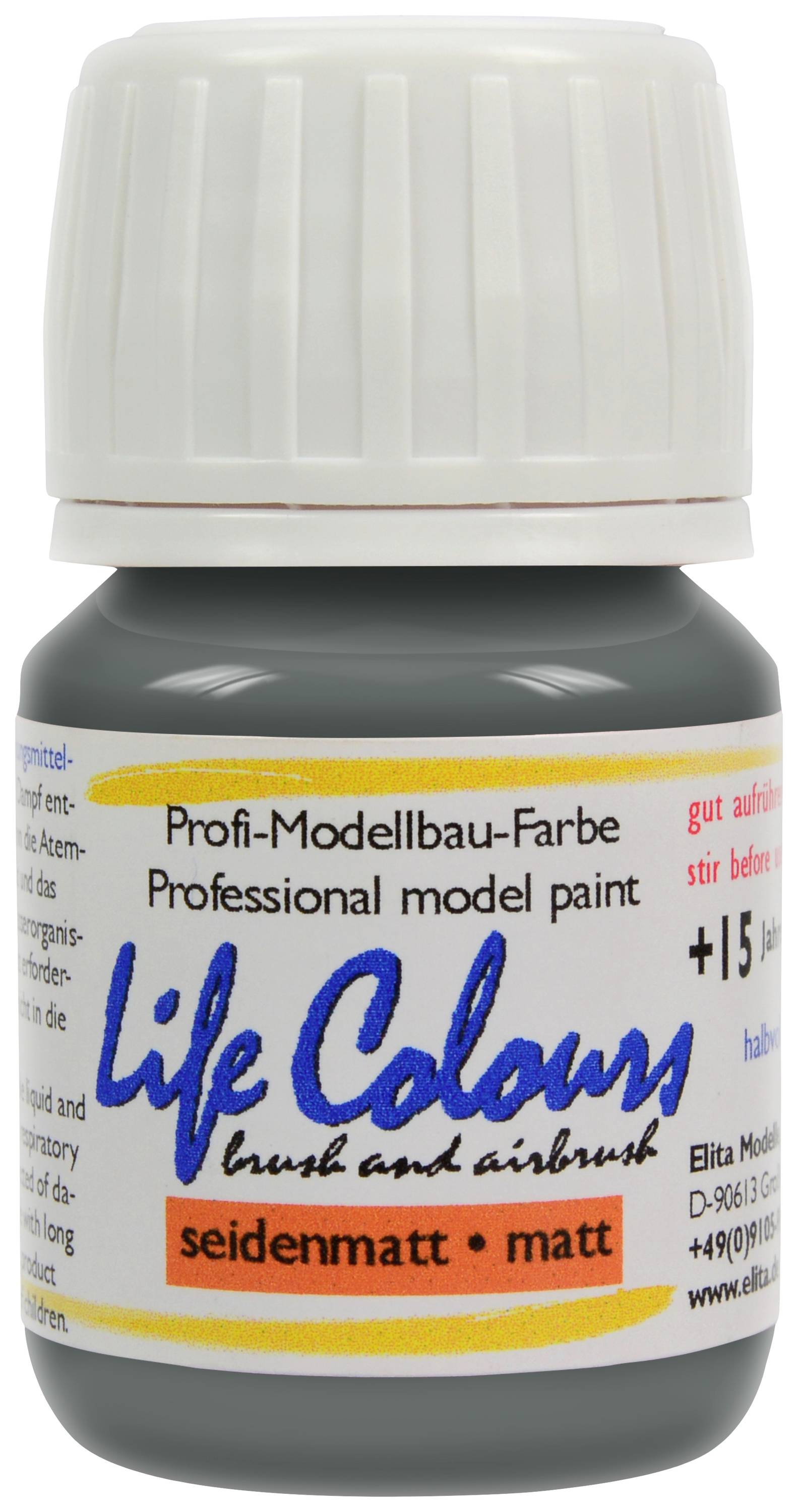 Schwarze Modellbau-Farbe 'Life Colours' in einem kleinen Fläschchen. Geeignet für Airbrush und Pinsel, seidenmatte Oberfläche.