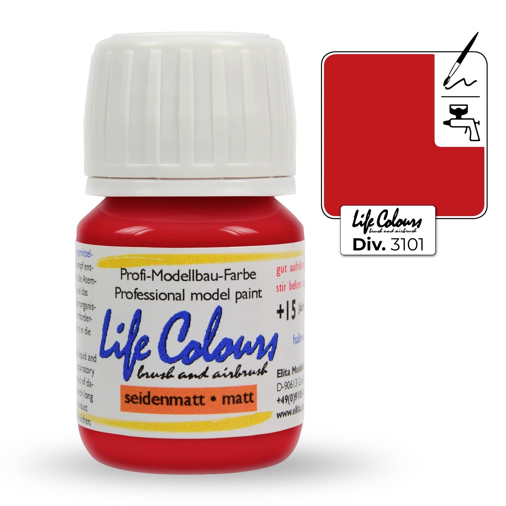 Eine rote Modellbaufarbe in einem Fläschchen, beschriftet mit 'Life Colours'. Geeignet für Pinsel und Airbrush, seidenmattes Finish.