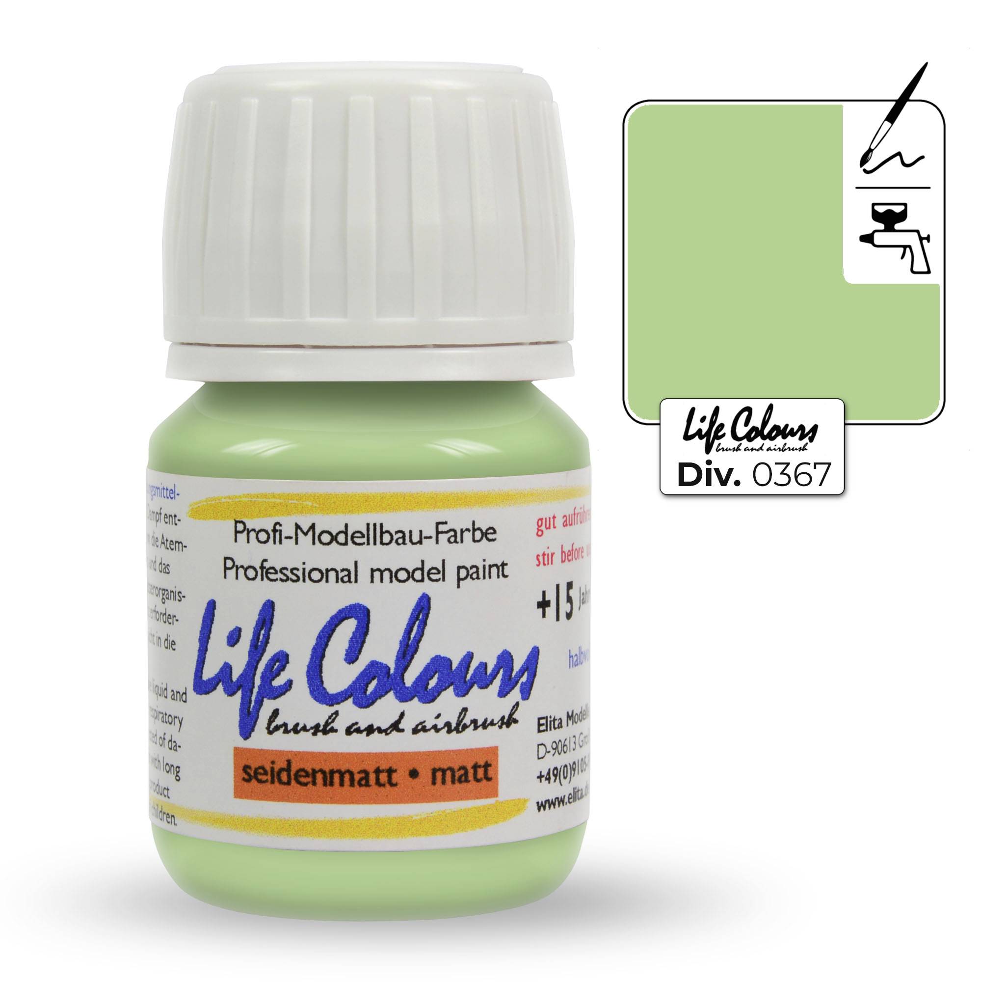 Grüne Flasche mit Aufschrift 'Life Colours' für professionelle Modellbau-Farbe, seidenmatt. Farbton Div. 0367.