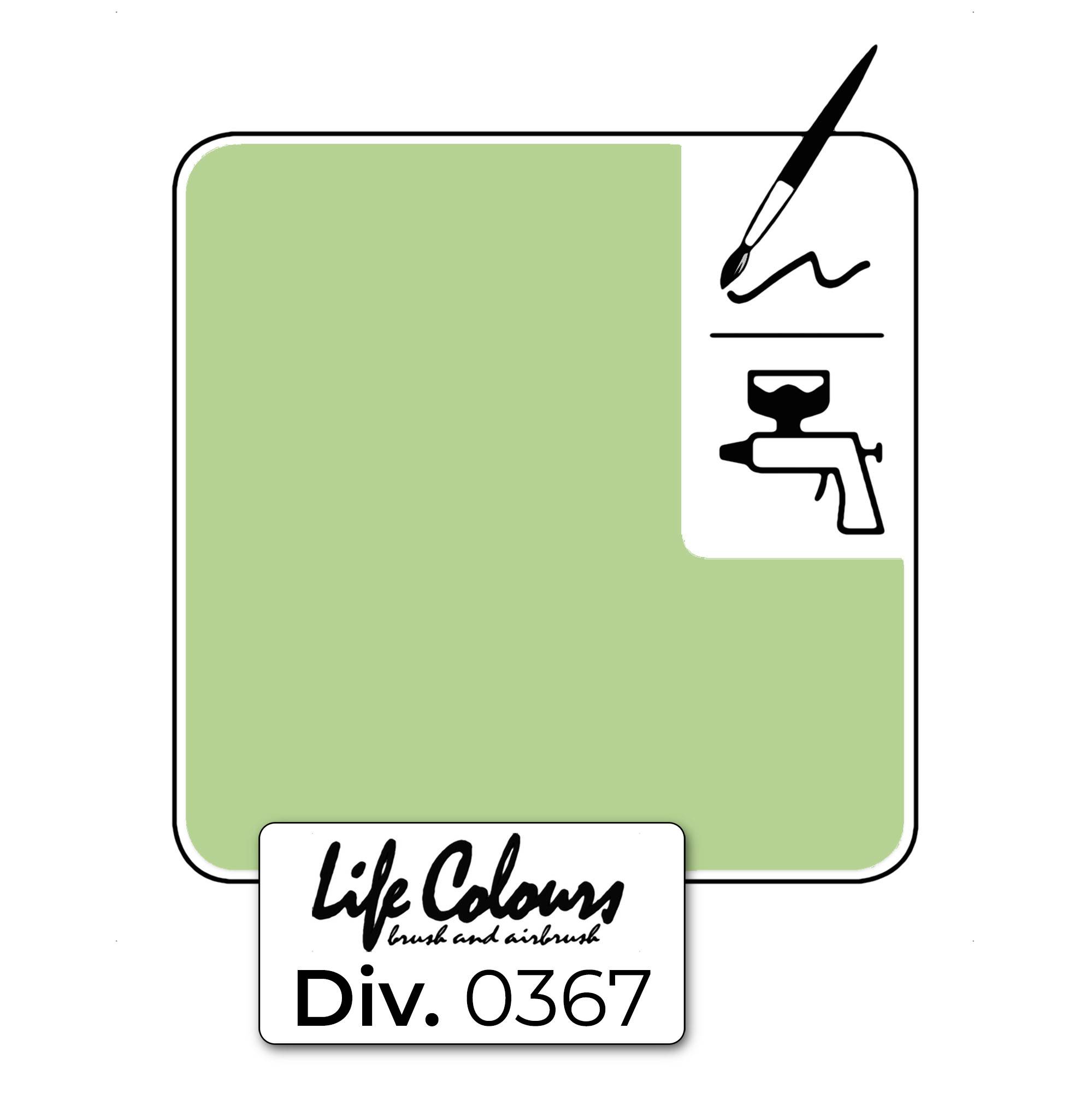 Grünes Quadrat mit Zeichen von Pinsel und Spritzpistole. Text unten 'Life Colours brush and airbrush, Div. 0367'.