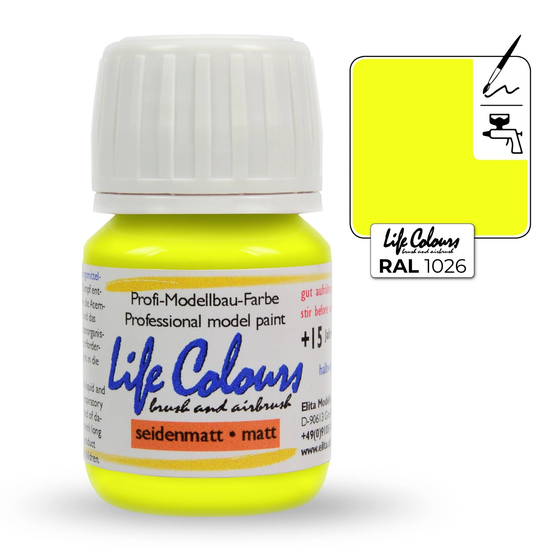 Gelber Farbtopf 'Life Colours' RAL 1026, geeignet für Modellbau, seidenmatt. Etikett zeigt Hersteller- und Sicherheitsinformationen.