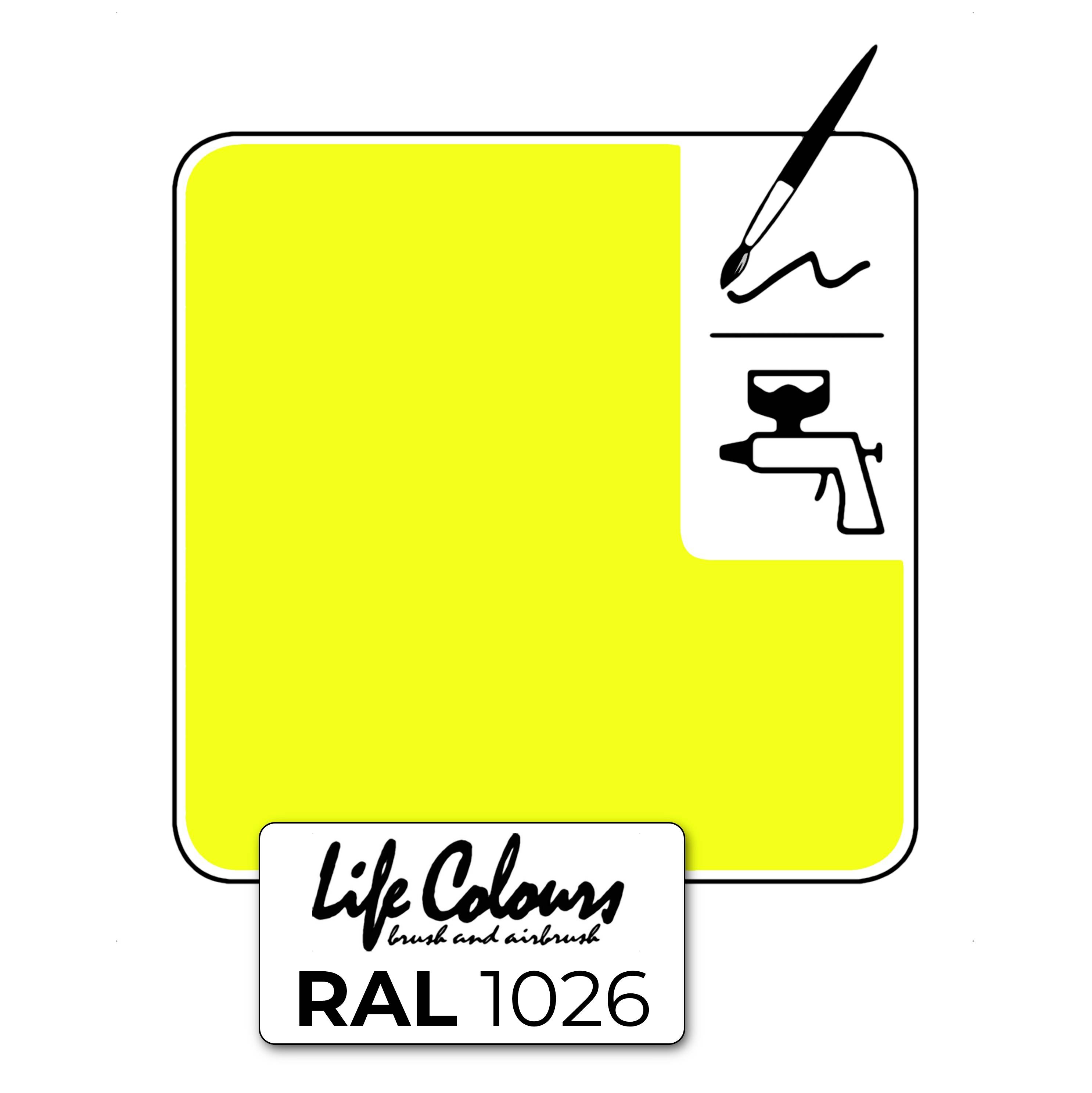 Ein gelbes Quadrat mit schwarzer Umrandung. Oben rechts sind ein Pinsel und eine Sprühpistole abgebildet. Unten steht 'Life Colours RAL 1026'.