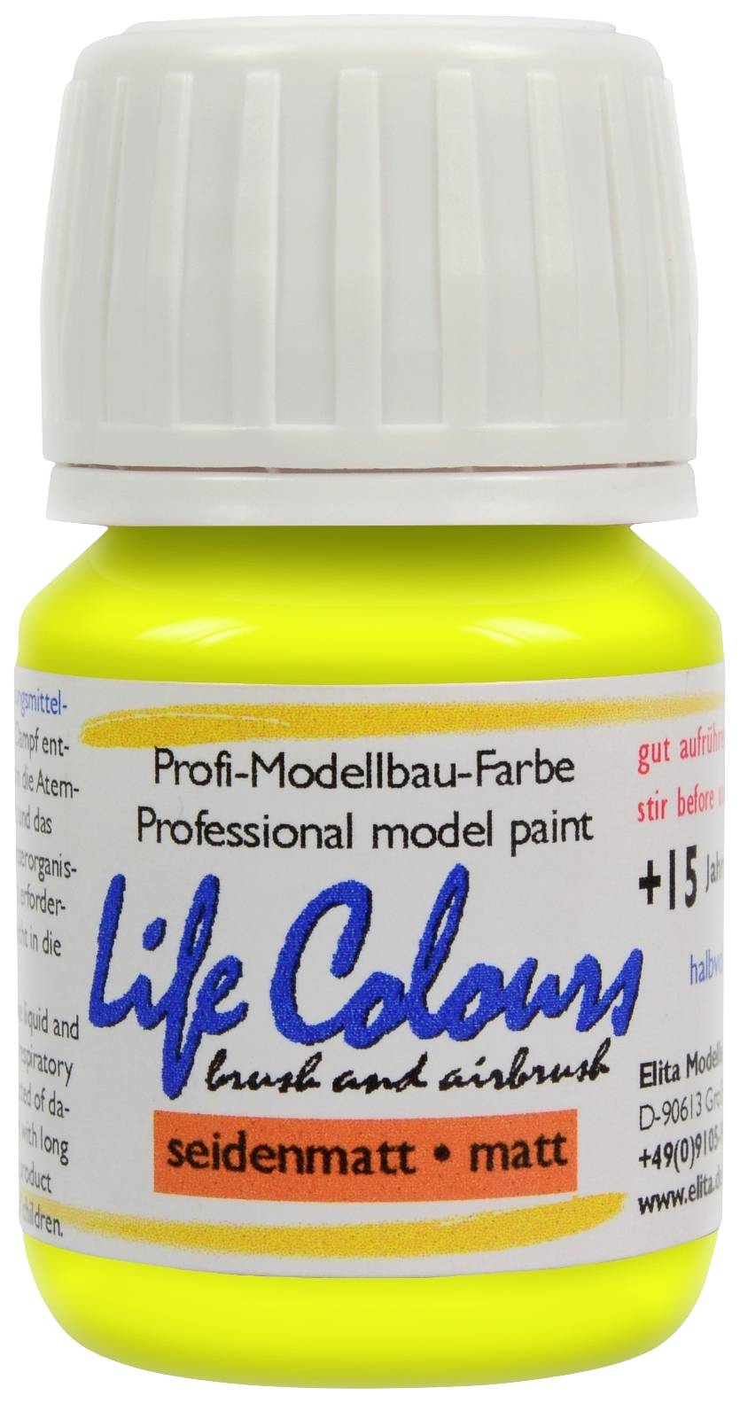 Eine gelbe Flasche mit der Aufschrift 'Life Colours', enthalten ist professionelle Modellbaufarbe für Pinsel und Airbrush, seidenmatt.