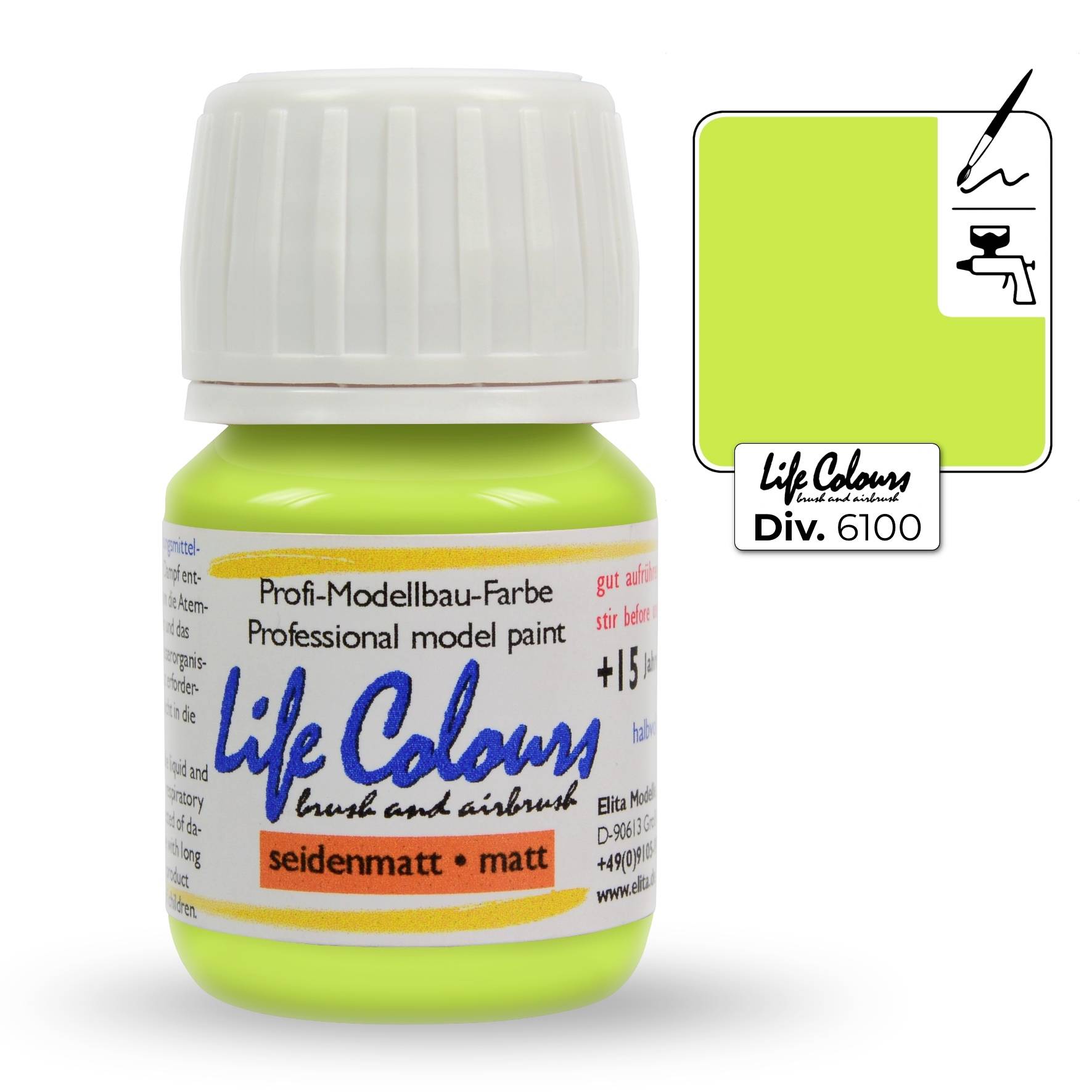 Eine Flasche hellgrüner Modellbaufarbe mit dem Etikett 'Life Colours, seidenmatt', neben einem Farbfeld in derselben Farbe.