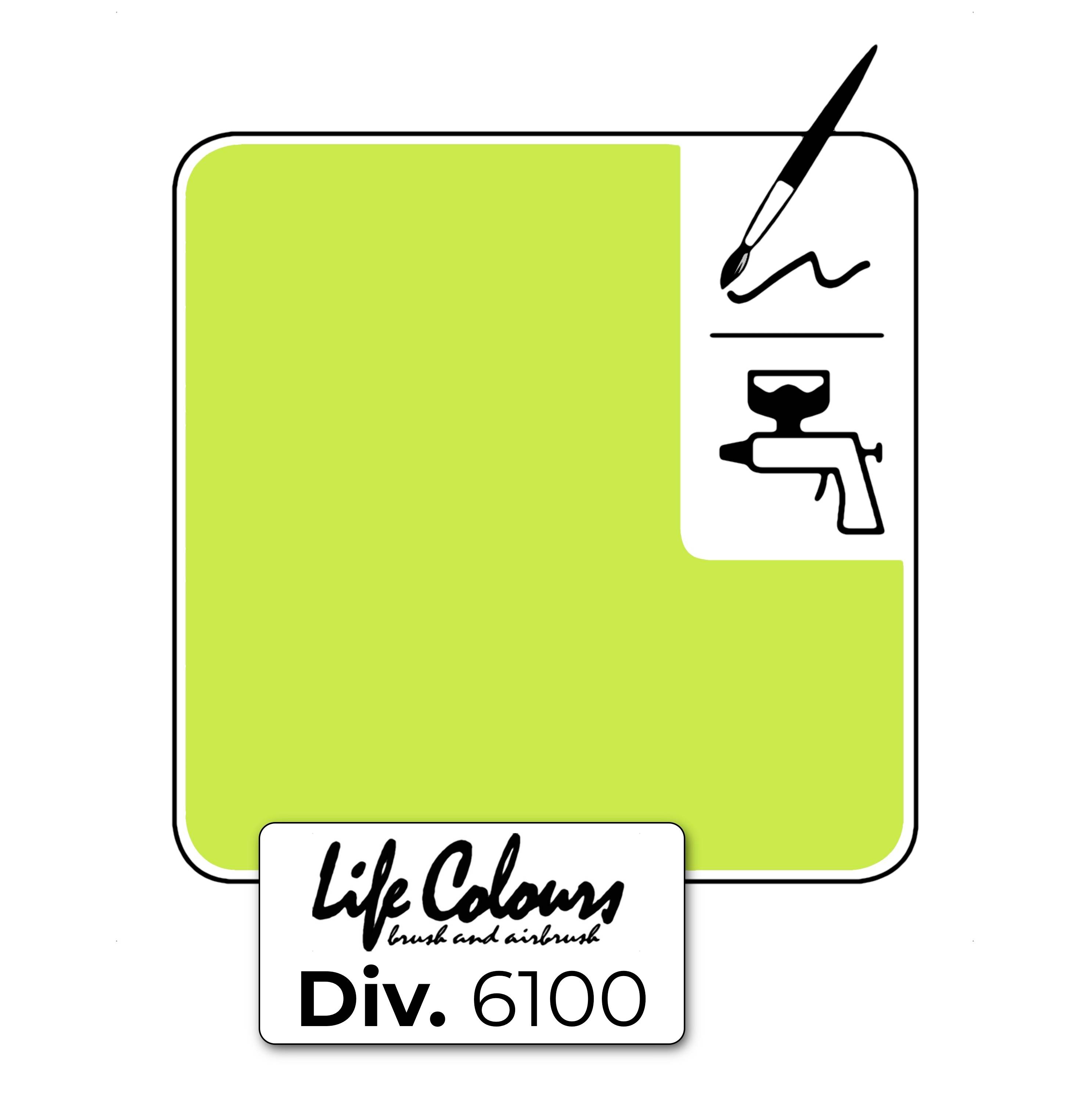 Ein rechteckiges Etikett mit grüner Fläche, zeigt Pinsel, Spritzpistole und Text 'Life Colours Div. 6100' an der Unterseite.