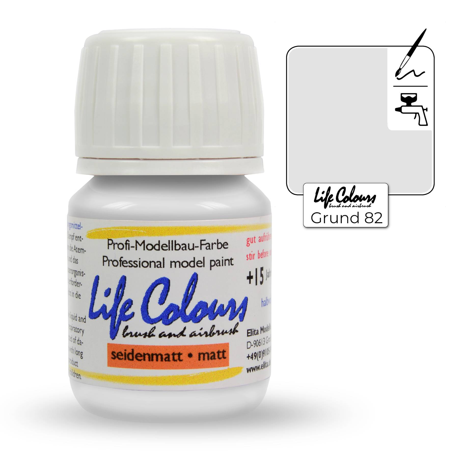 Farbglas mit der Aufschrift 'Life Colours', seidenmatt, für Modellbau. Beiliegendes Farbmuster zeigt graue Tönung, Grund 82.