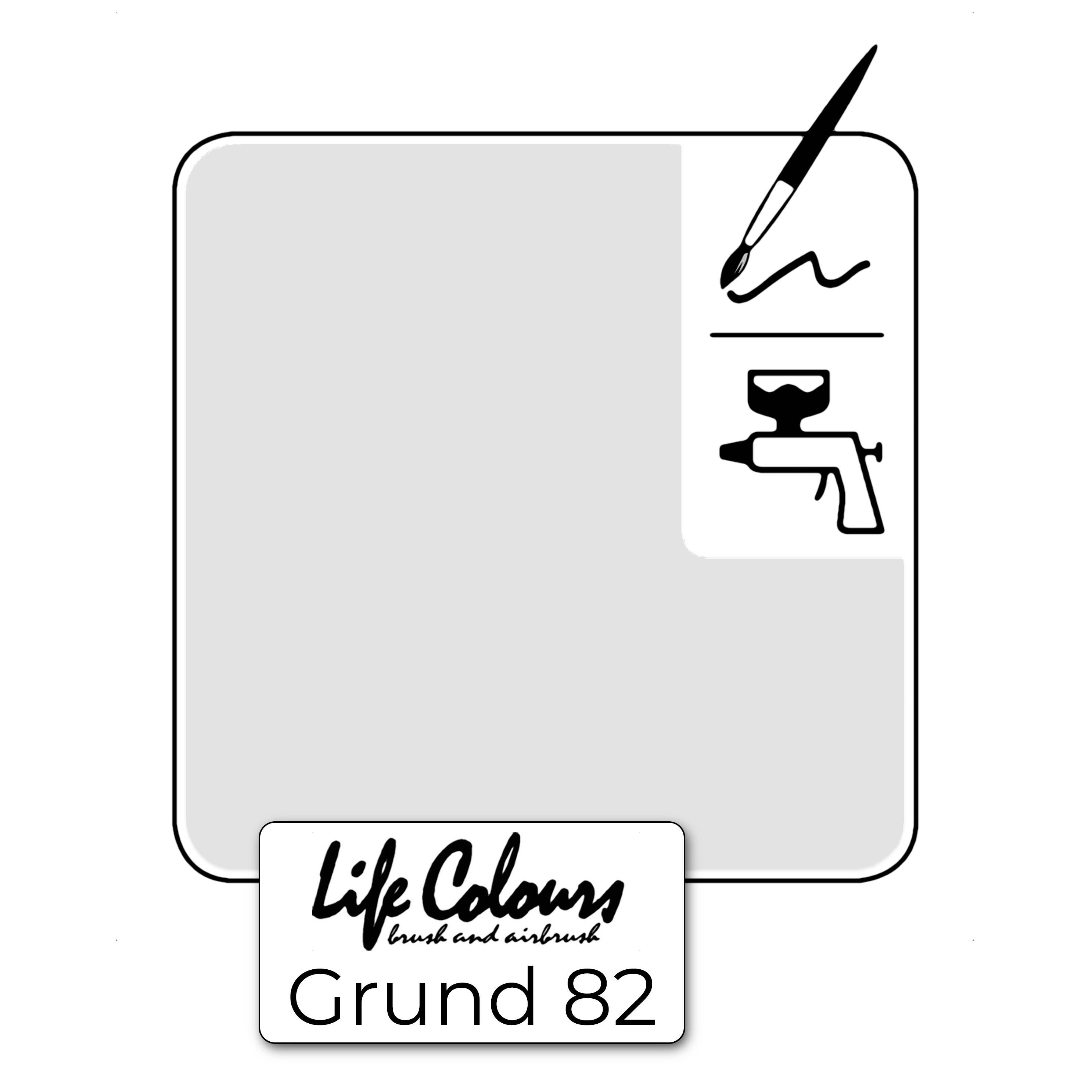 Quadratische graue Farbkarte mit Pinsel- und Spritzpistolen-Symbolen rechts oben. Text: 'Life Colours, Grund 82'.