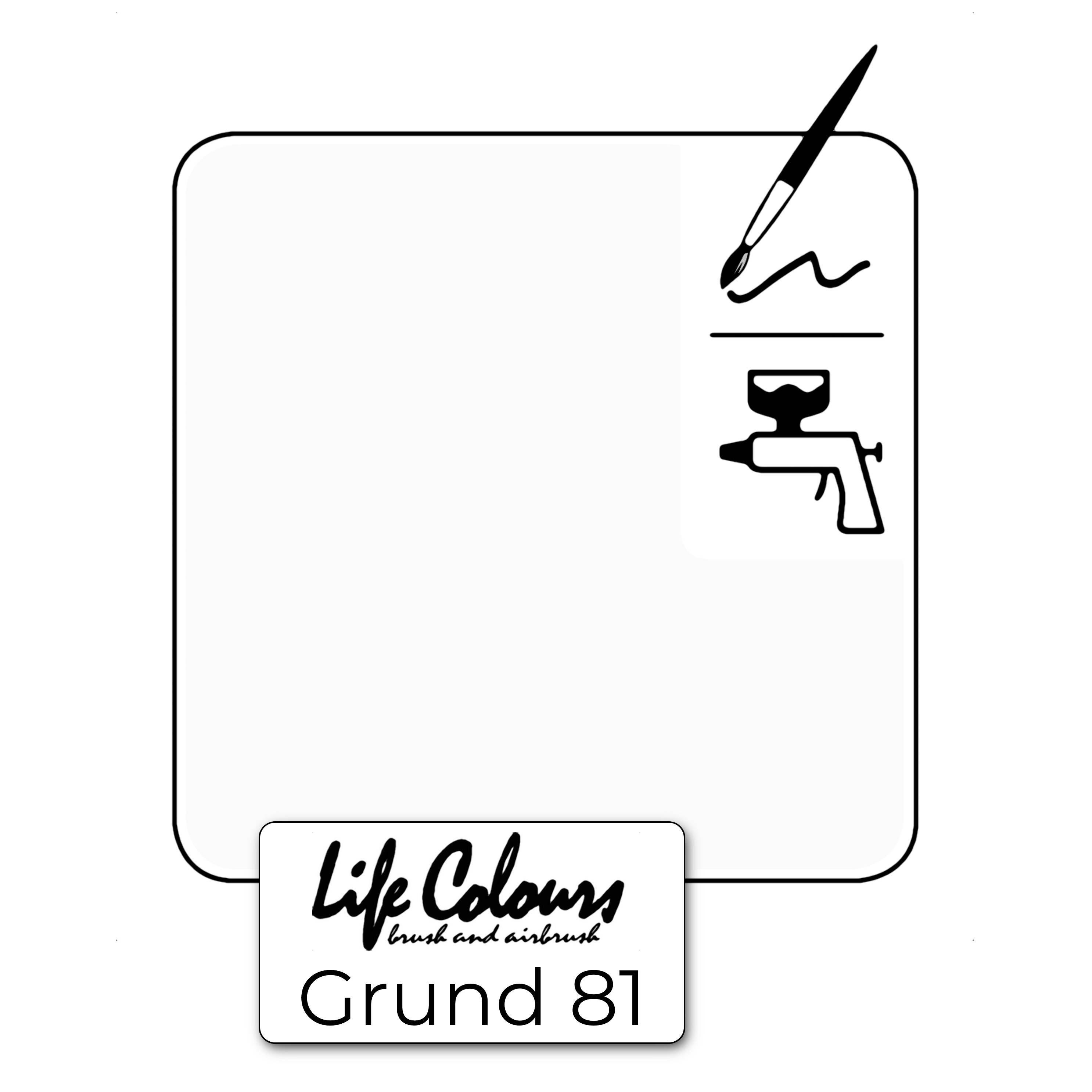 Ein Bild mit einem Rahmen. Oben rechts befinden sich Symbole: ein Pinsel, eine Linie und eine Spritzpistole. Unten steht 'Life Colours, Grund 81'.