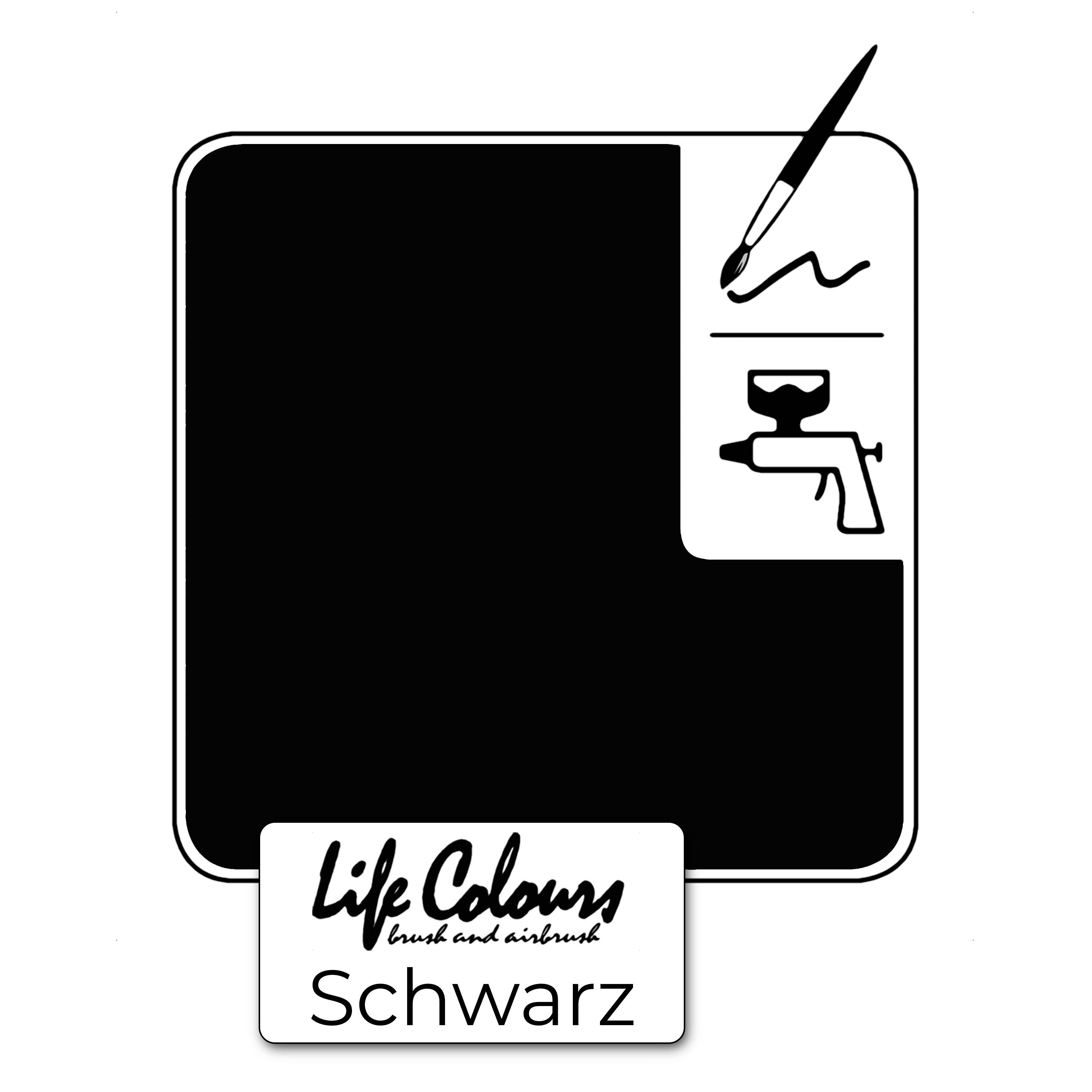 Eine schwarze Farbprobe mit Symbolen für Pinsel und Spritzpistole. Der Text sagt 'Life Colours touch and ambient Schwarz'.