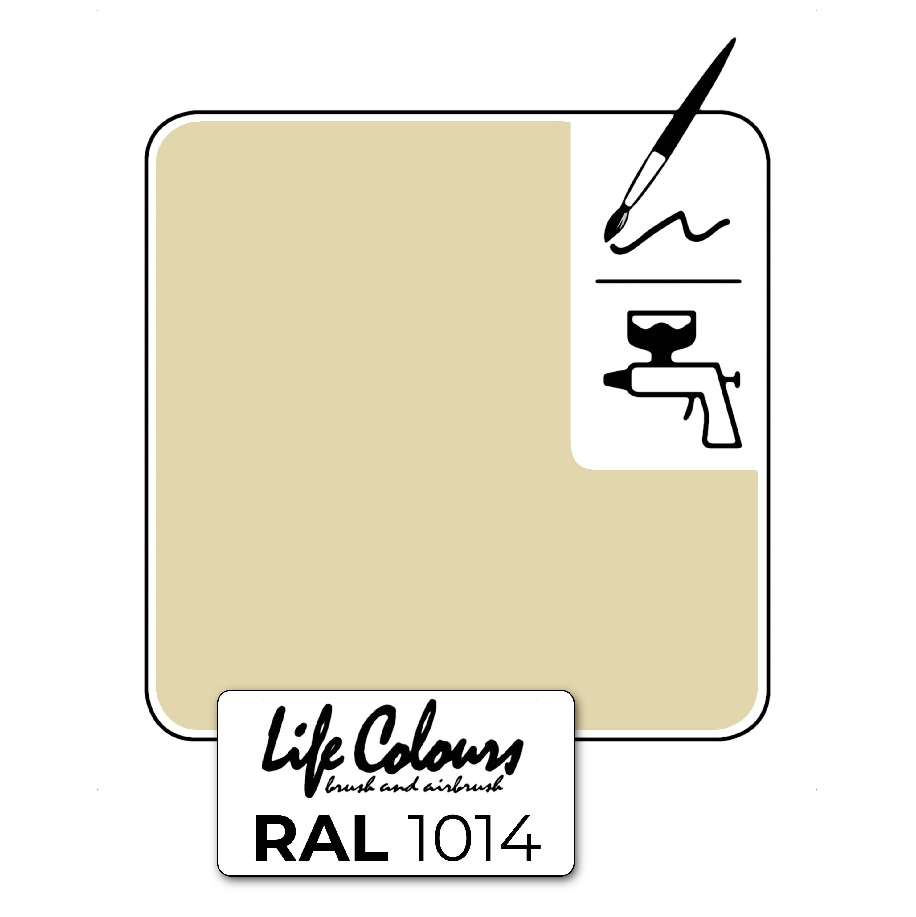 'Farbe Life Colours RAL 1014: Elfenbein.' Links Farbquadrat in Elfenbein. Rechts Symbole für Pinsel und Spritzpistole.