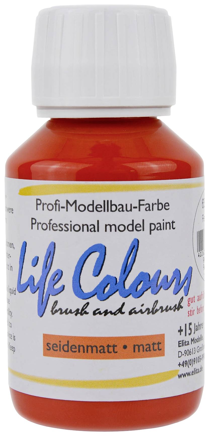 Flasche mit roter Modellbaufarbe, Markenname 'Life Colour', Typ 'seidenmatt'. Geeignet für Pinsel- und Airbrush-Auftrag.