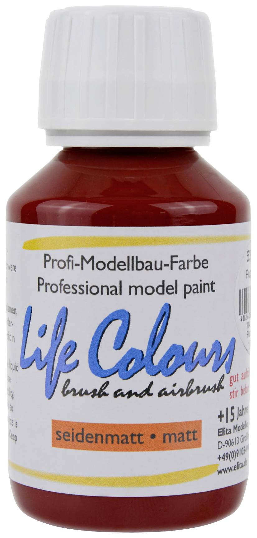 'Life Colours' Flasche mit roter Modellbau-Farbe, etikettiert als seidenmatt und matt. Geeignet für Pinsel und Airbrush.