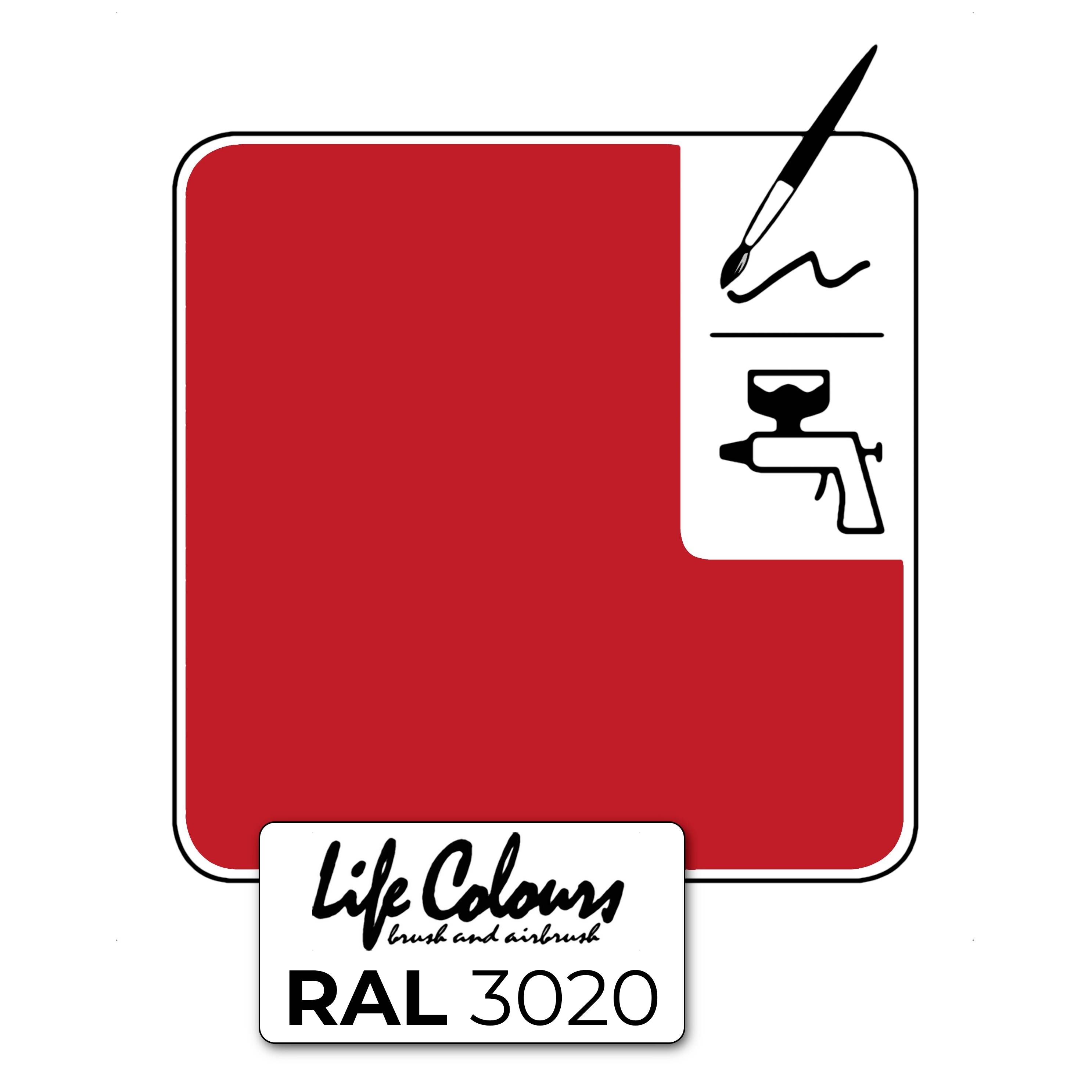 Rotes Rechteck mit Pinsel- und Sprühdosen-Symbol, darunter Text 'Life Colours RAL 3020'. Indikator für eine bestimmte Farbauswahl.