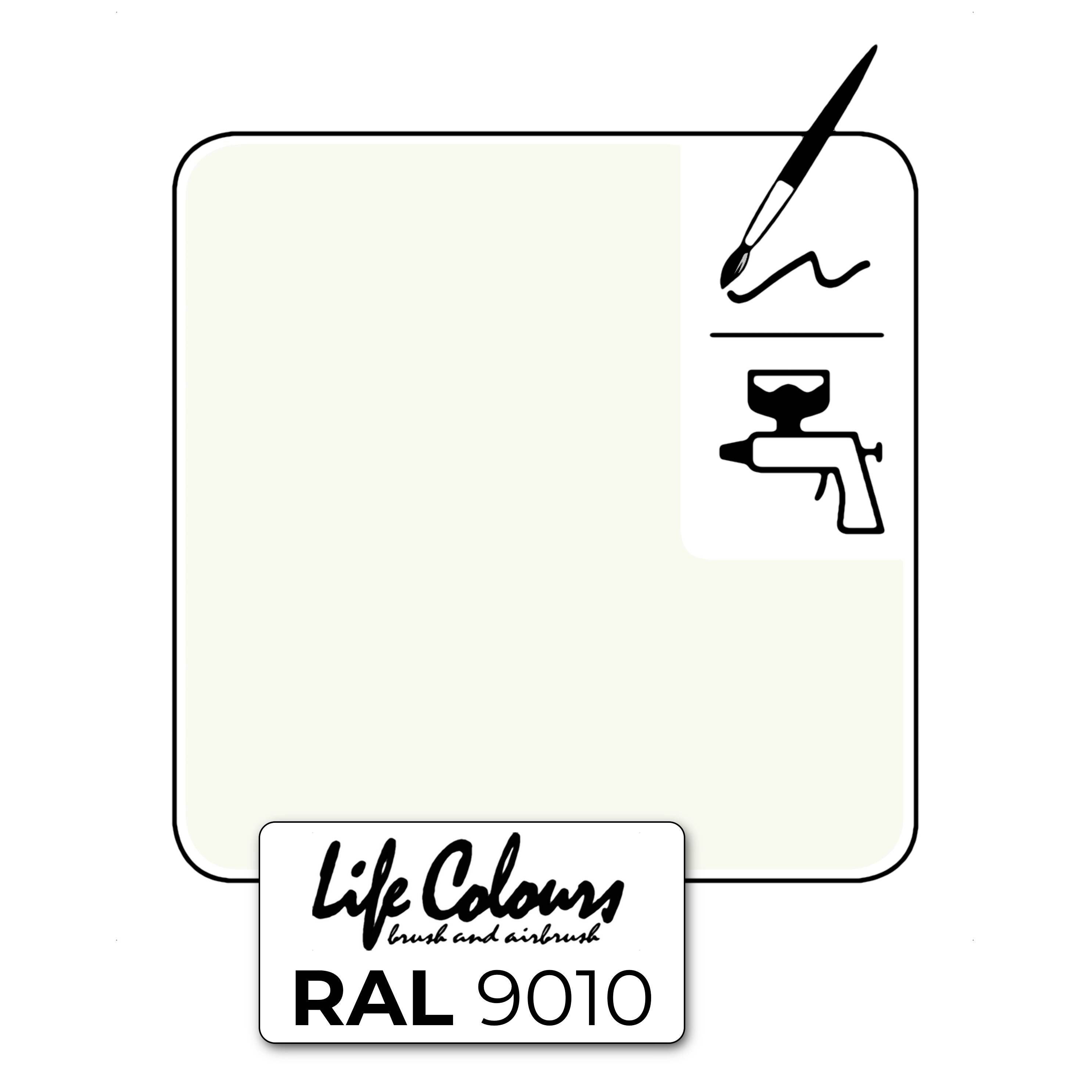 'Life Colours' Farbmuster RAL 9010, zeigt eine helle beige Farbe mit Icons für Pinsel und Spritzpistole, geeignet für Mal- und Sprüharbeiten.