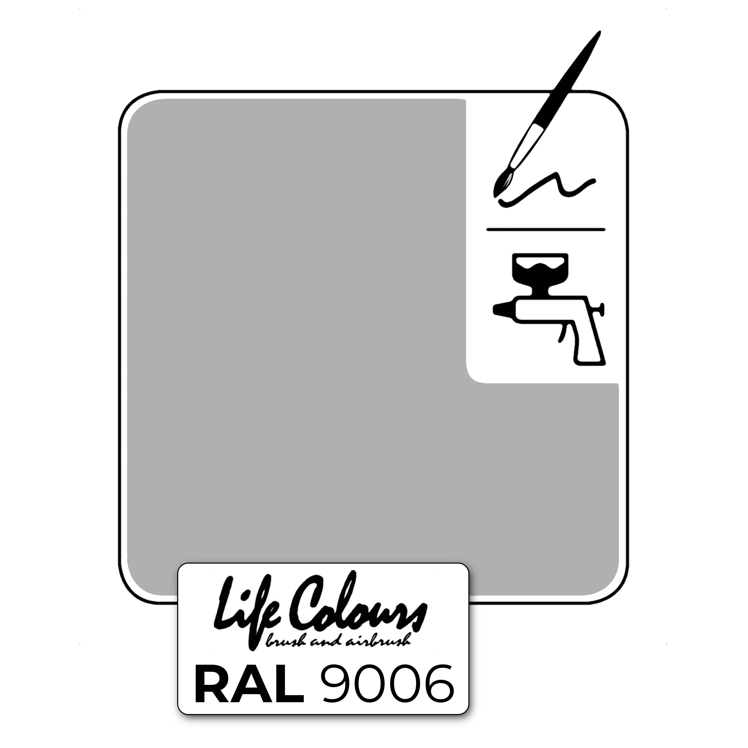 Farbmuster in Grau mit der Aufschrift: Life Colours RAL 9006. Symbols für Pinsel, Farbwalze und Sprühpistole zeigen Anwendungsmöglichkeiten.