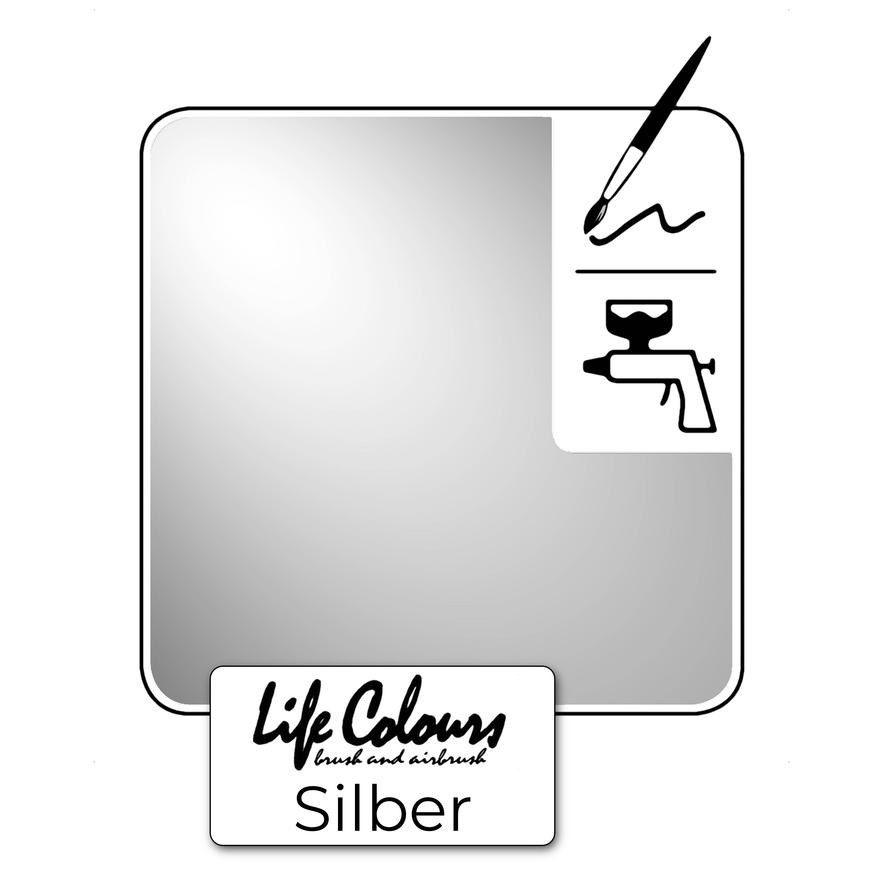 Silberne Farbe mit Schriftzug 'Life Colours' und Symbolen für Malwerkzeuge.