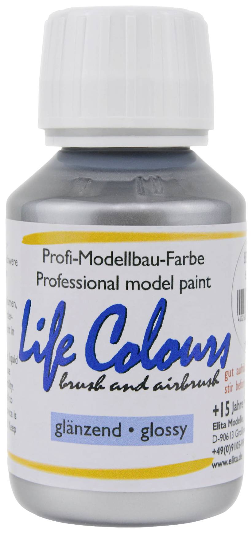 Grau glänzende Modellbau-Farbe 'Life Colours'. Etikett in Deutsch und Englisch, geeignet für Pinsel und Airbrush, +15 Jahre.