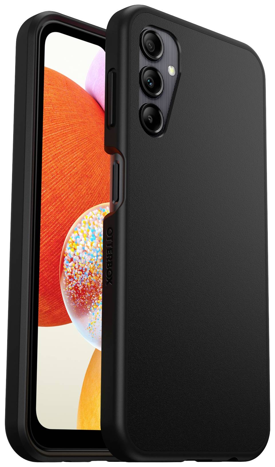 Smartphone mit schwarzer Schutzhülle, die drei Kameras auf der Rückseite zeigt. Das Display zeigt bunte, geometrische Kreise.