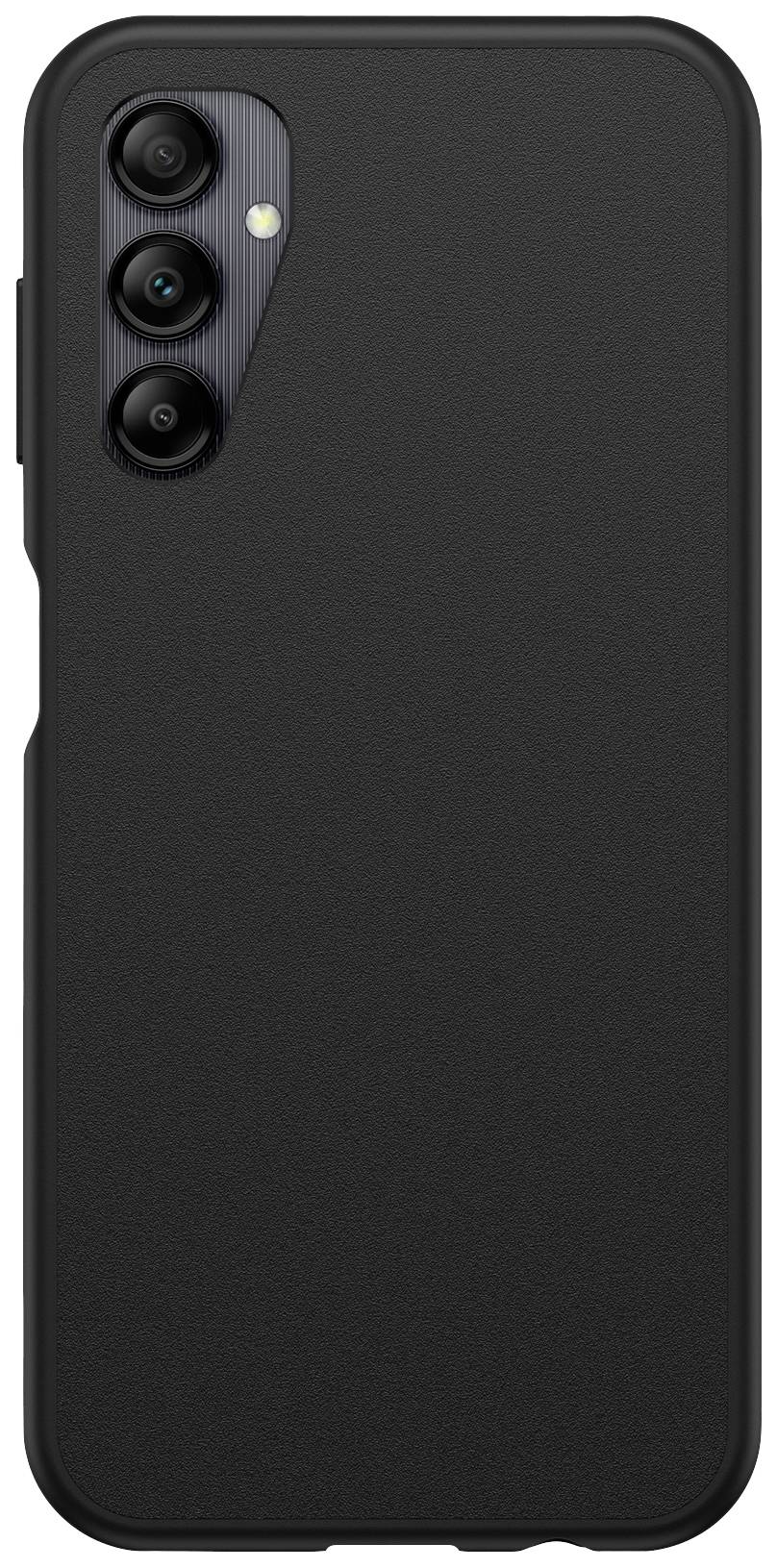 Schwarzes Smartphone mit drei Kameraobjektiven auf der Rückseite.