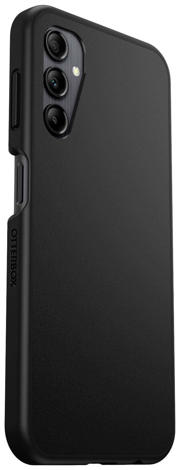 Schwarzes Smartphone-Schutzhülle mit drei Kameraausschnitten auf der Rückseite, Markenname 'Otterbox' an der Seite sichtbar.