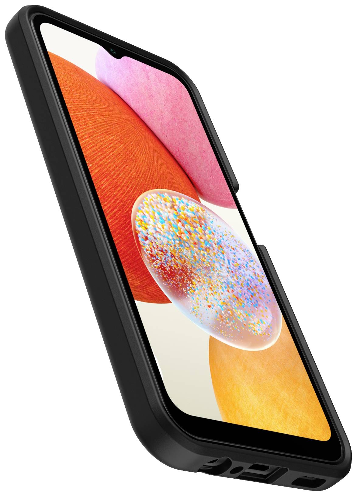 Ein Smartphone mit farbenfrohem Bildschirm in einer schwarzen Schutzhülle, schräg von der Seite gesehen.