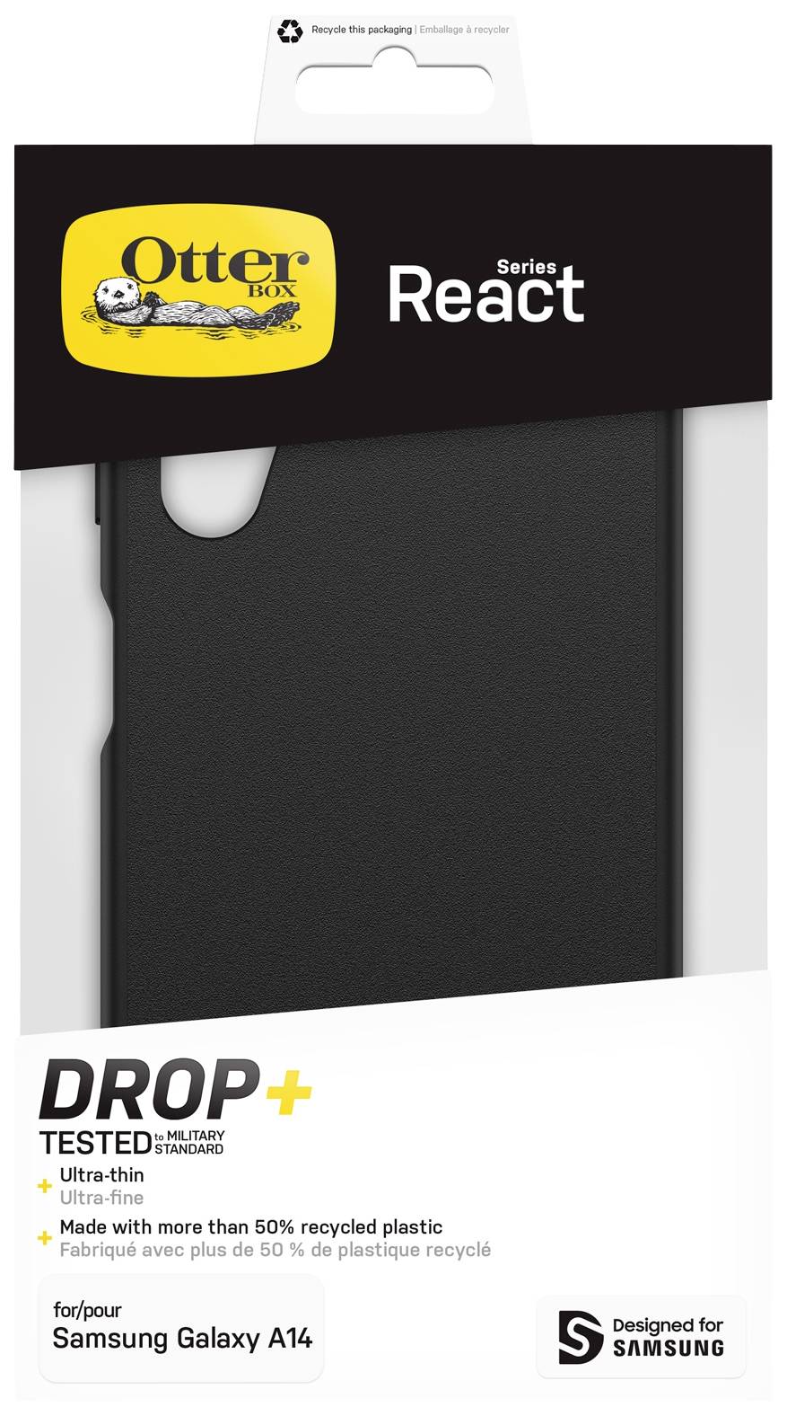 'OtterBox React Series' Verpackung für Samsung Galaxy A14. Betont leichten und robusten Schutz, hergestellt aus über 50 % recyceltem Plastik.